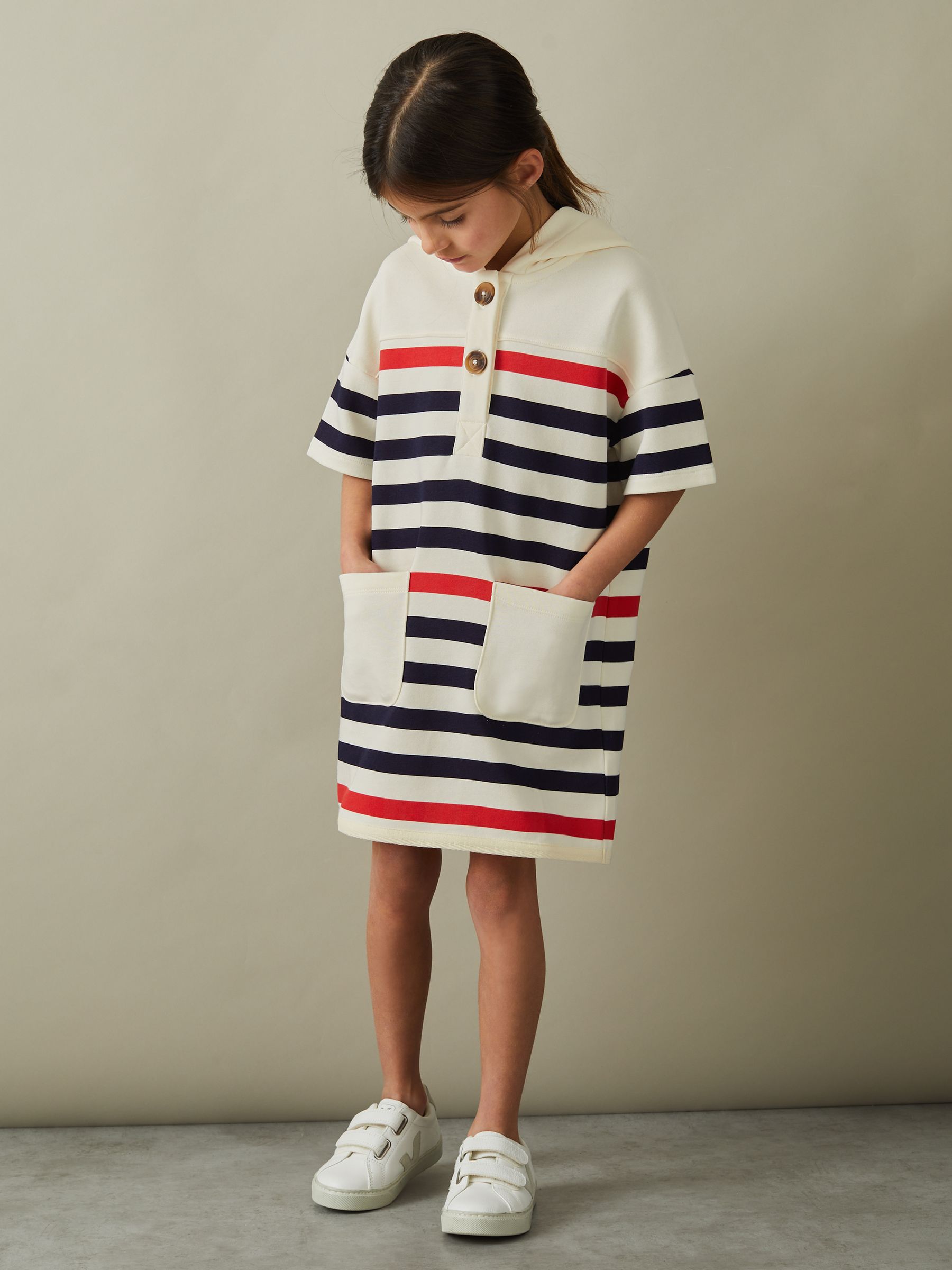 9-13 yrs Striped Jersey Hooded Dress in Ecru - Image 3 of 4
