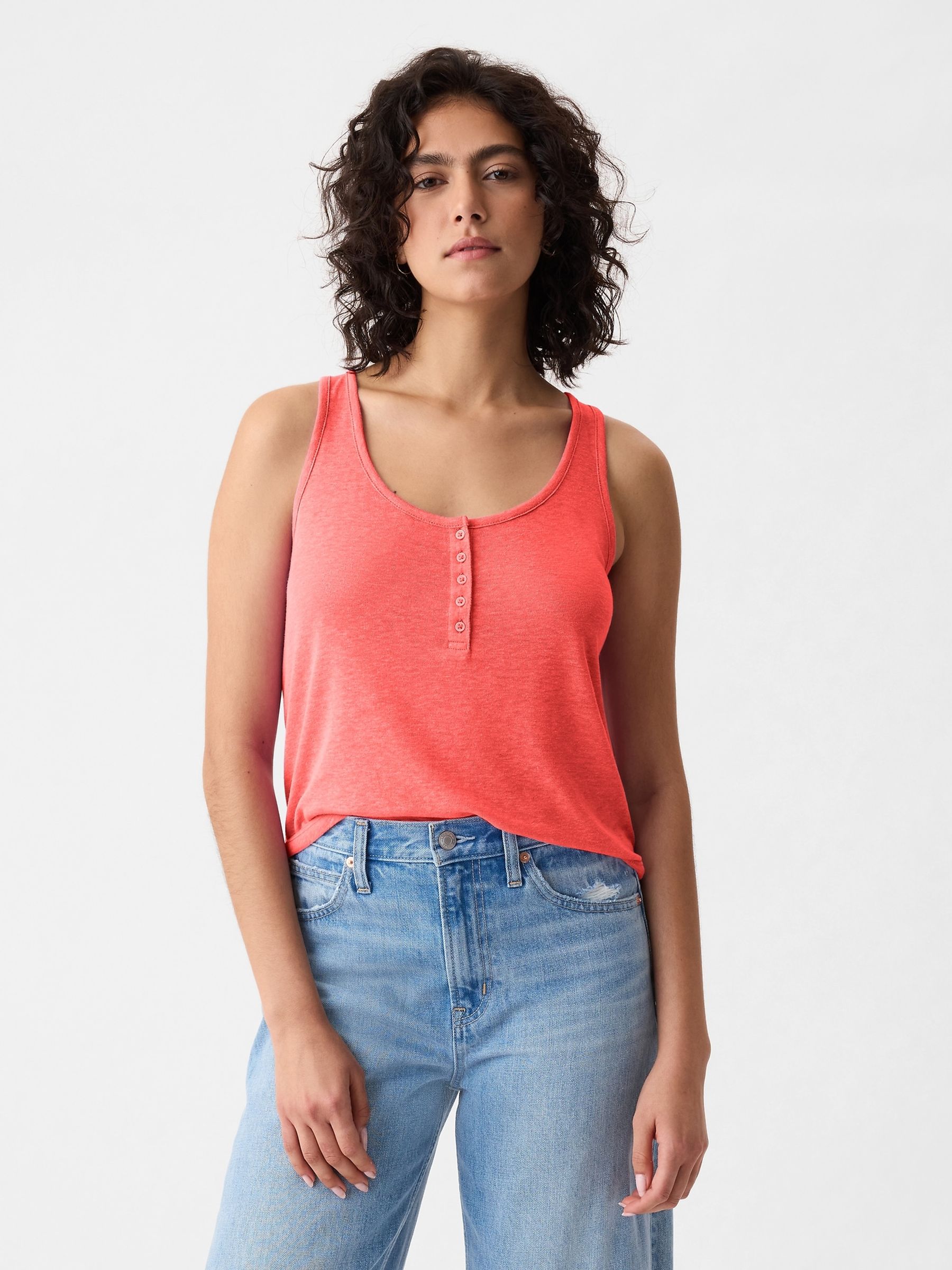 Red Linen Blend Sleeveless Henley Vest Top - Image 1 of 5
