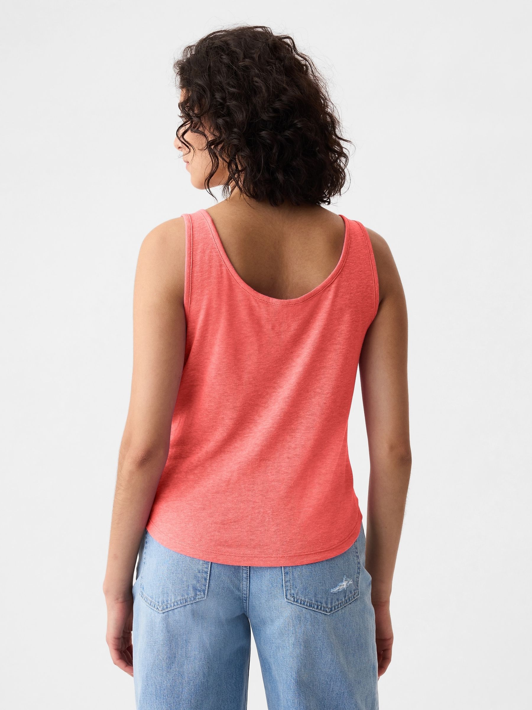 Red Linen Blend Sleeveless Henley Vest Top - Image 2 of 5