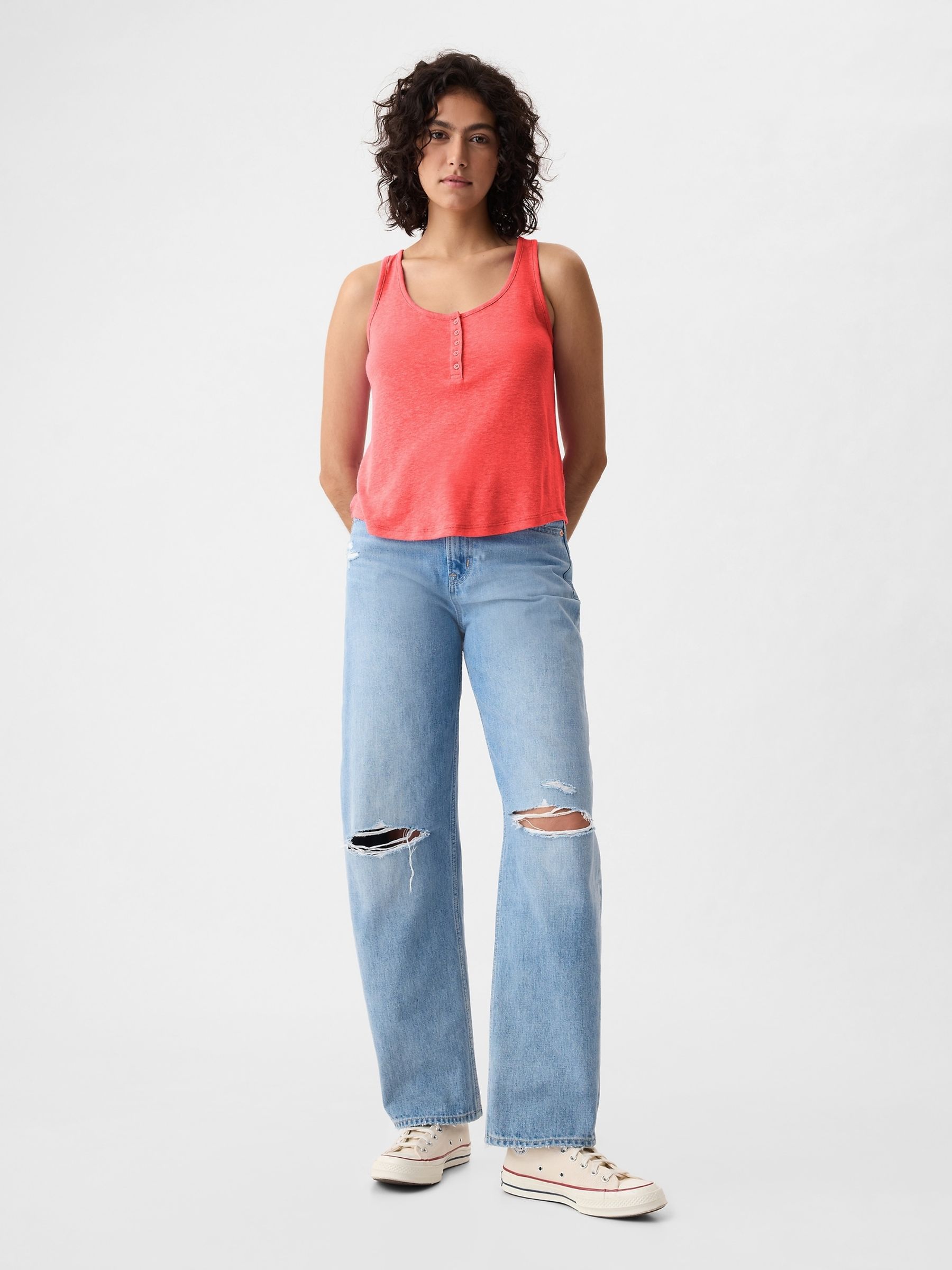 Red Linen Blend Sleeveless Henley Vest Top - Image 3 of 5