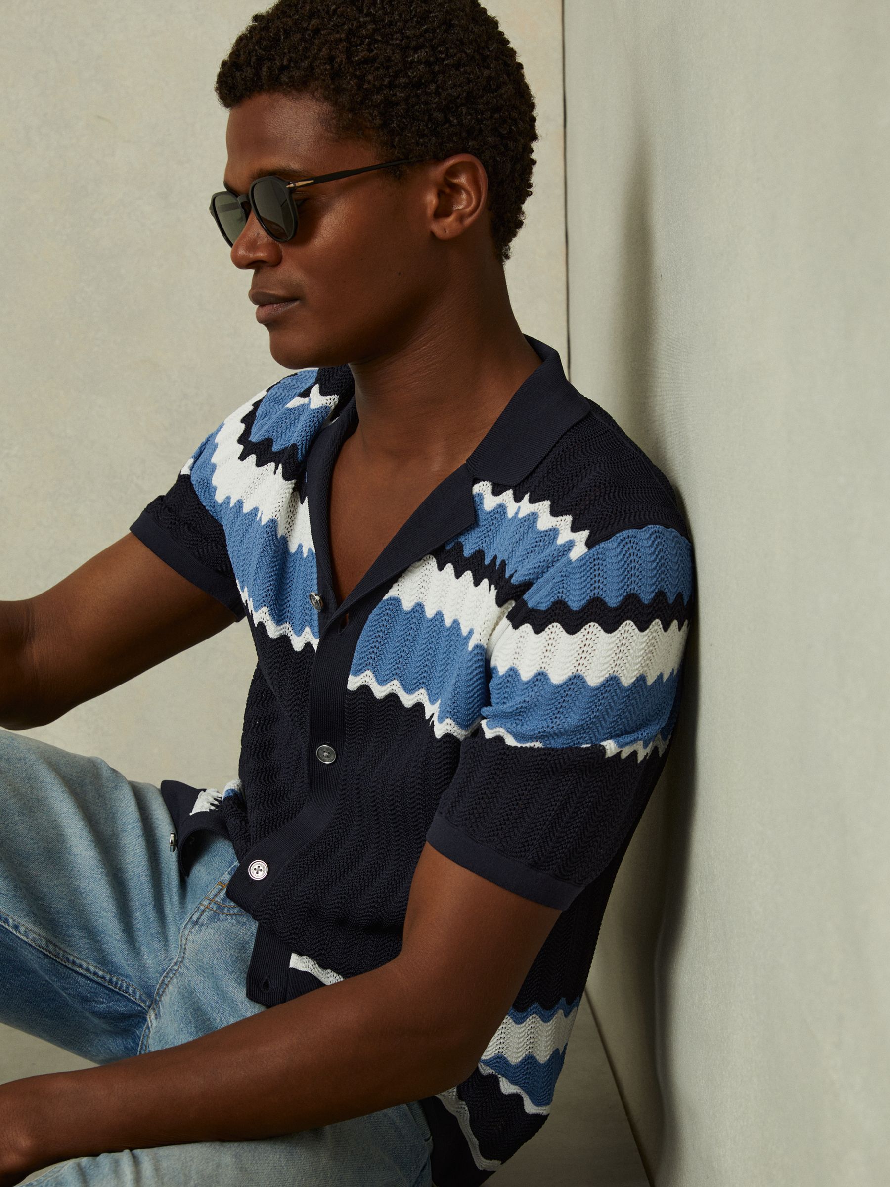 Alberz Navy Knitted Zig-Zag Cuban Collar Shirt - Image 1 of 5