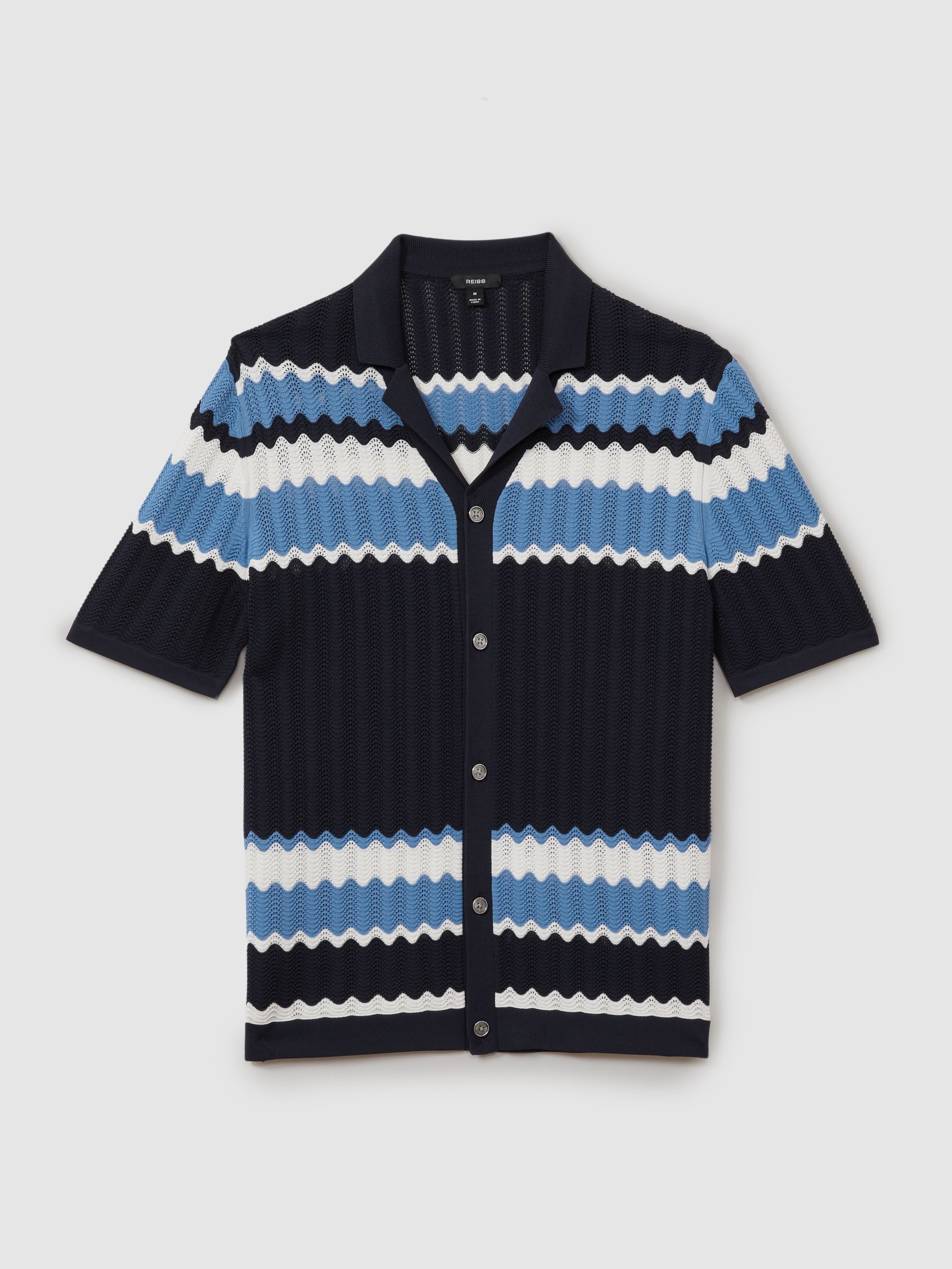 Alberz Navy Knitted Zig-Zag Cuban Collar Shirt - Image 2 of 5