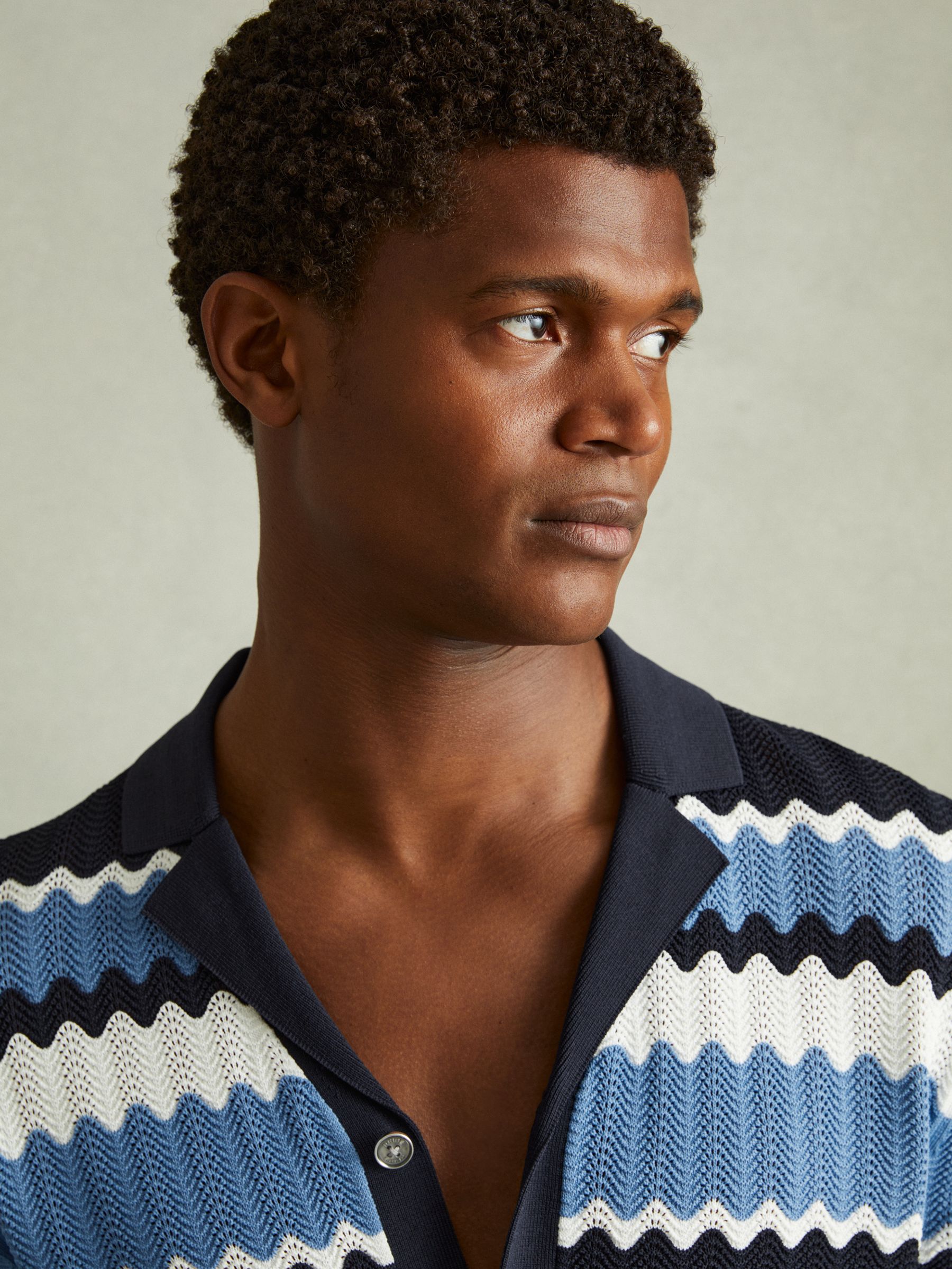 Alberz Navy Knitted Zig-Zag Cuban Collar Shirt - Image 3 of 5
