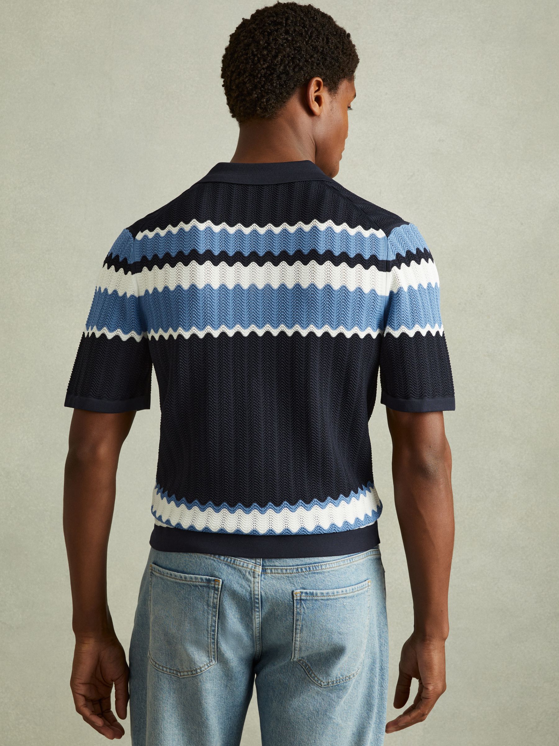 Alberz Navy Knitted Zig-Zag Cuban Collar Shirt - Image 4 of 5