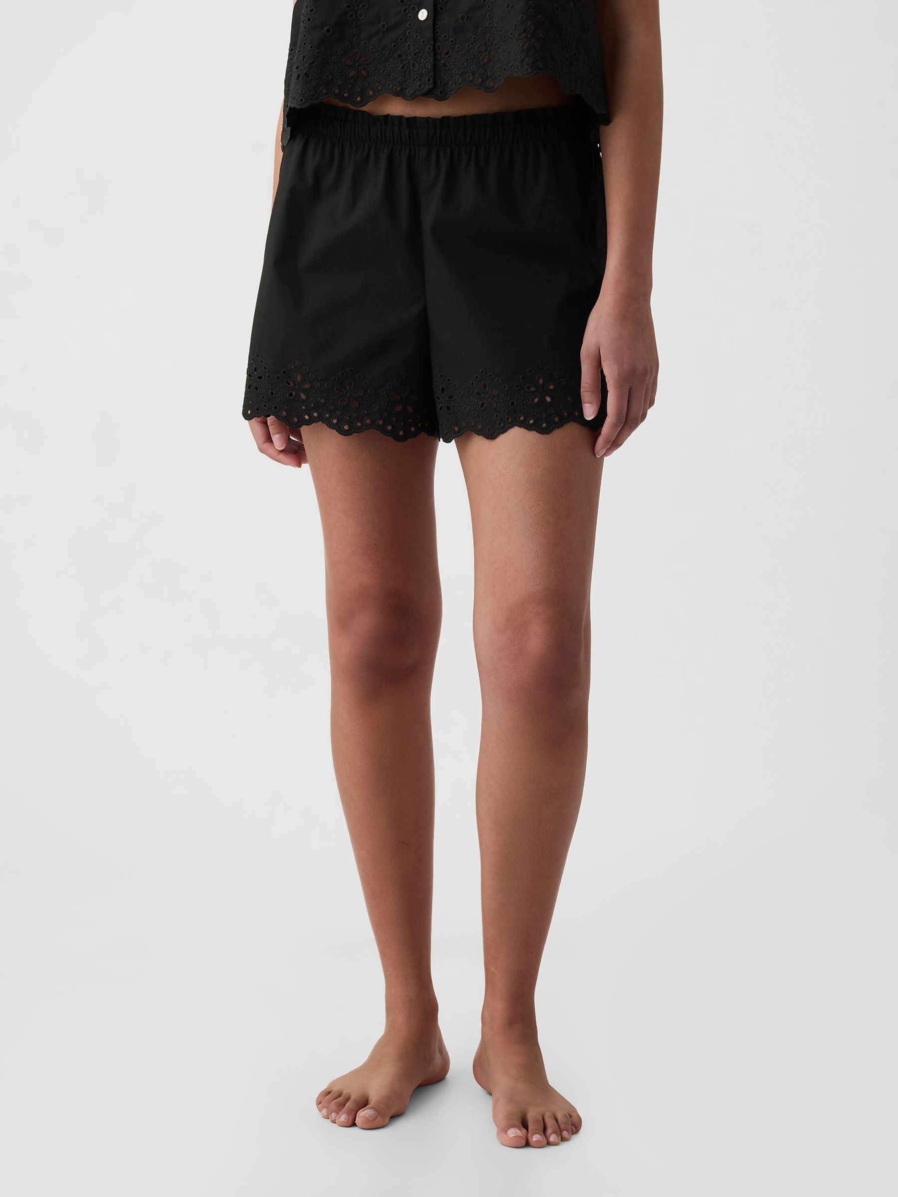 Black Eyelet Poplin Pyjama Shorts - Image 1 of 4