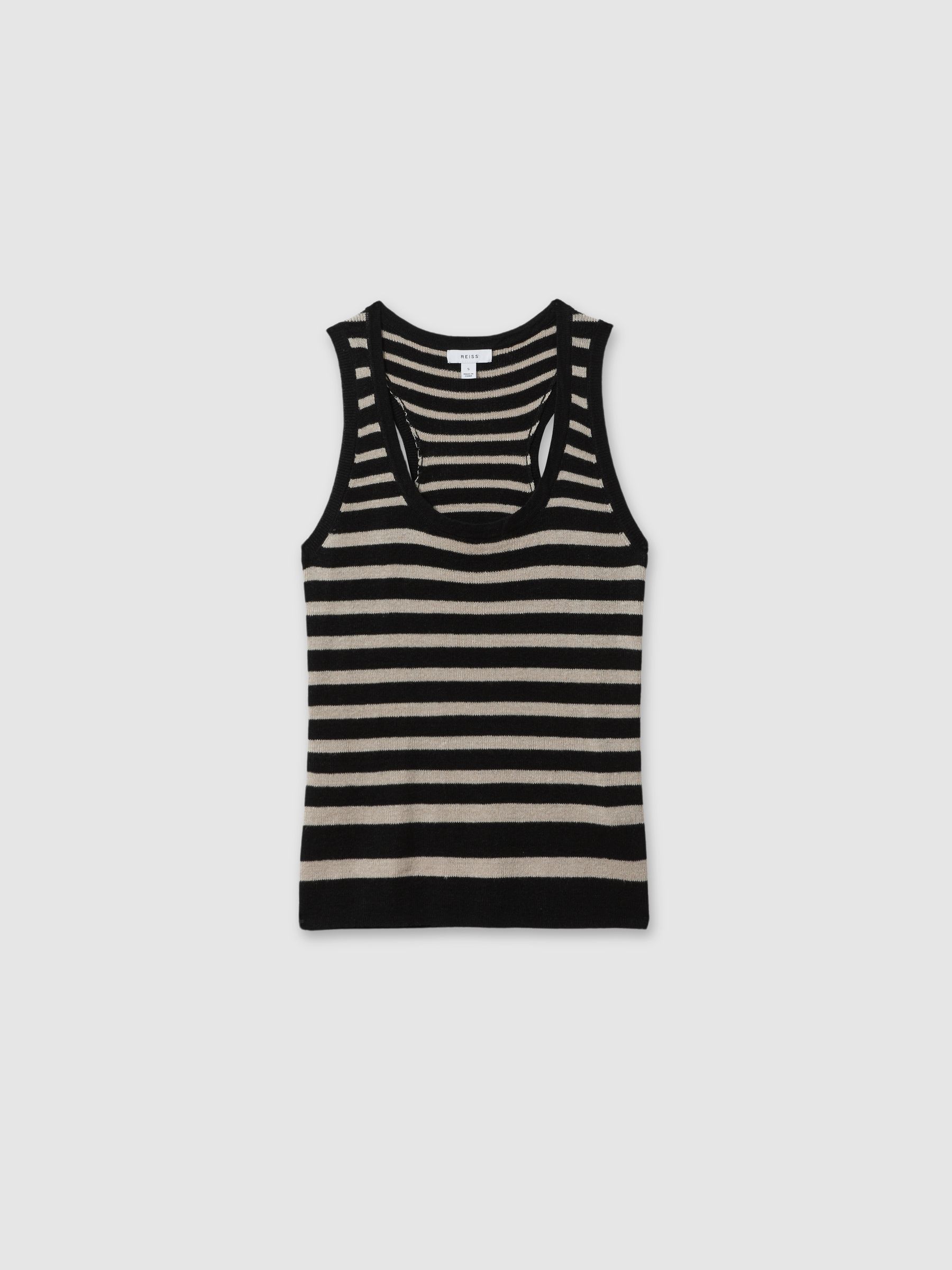 Linen-Wool Striped Knitted Vest in Black/Camel - Image 2 of 5