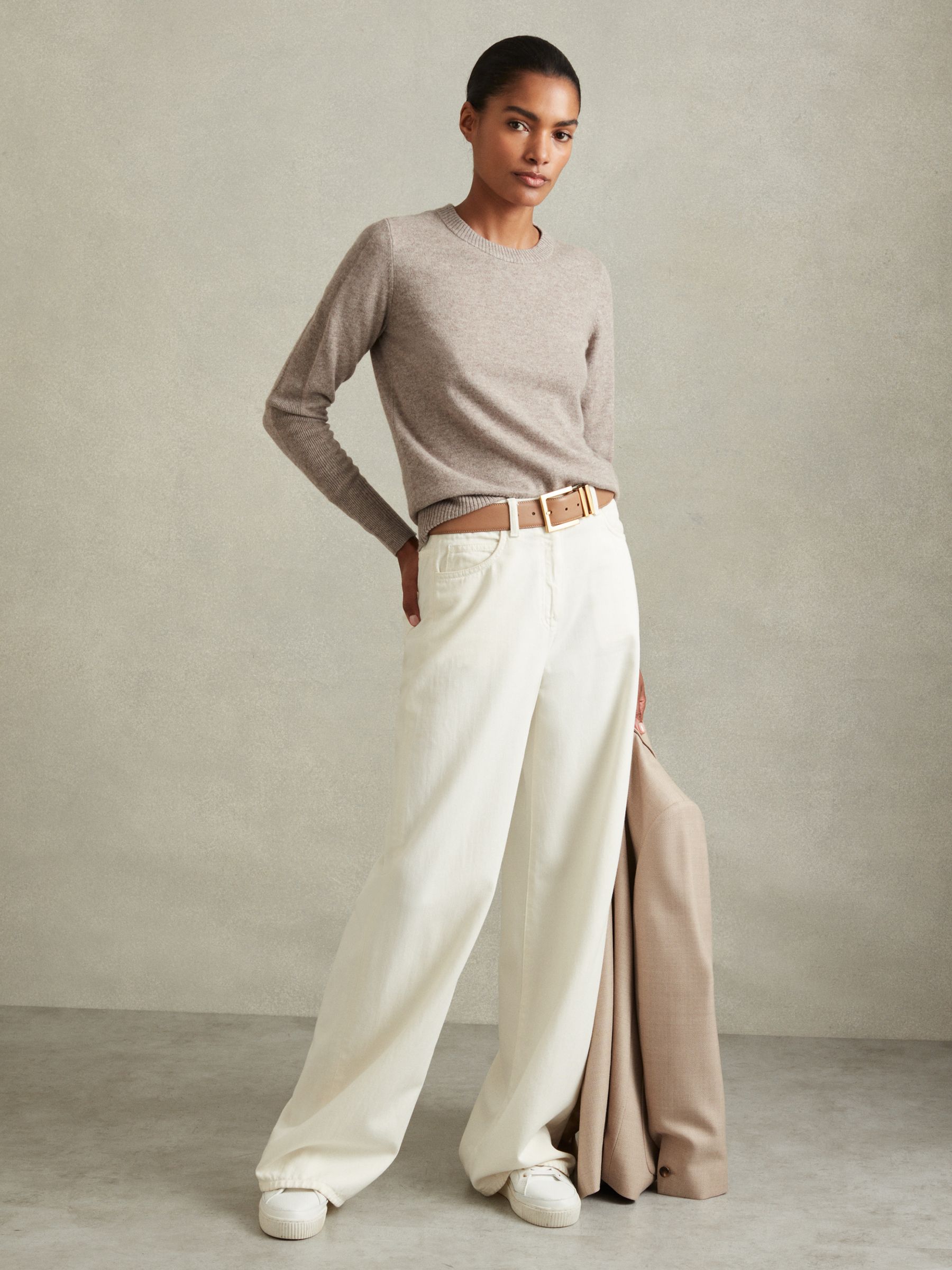 Wool Blend Crew Neck Jumper with Cashmere in Neutral - Image 3 of 5