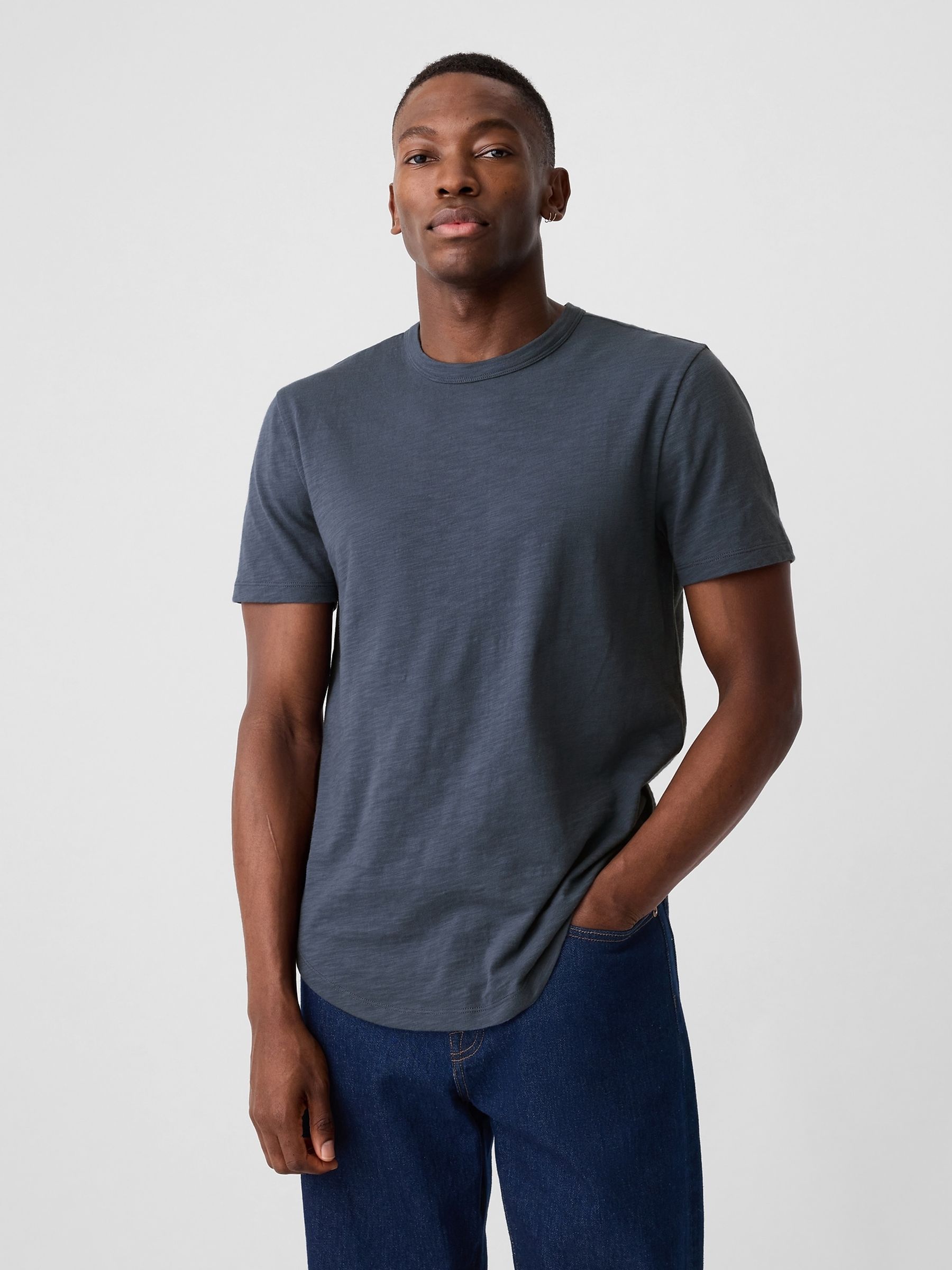 Blue Cotton Short Sleeve Curved Hem T-Shirt - Image 1 of 4