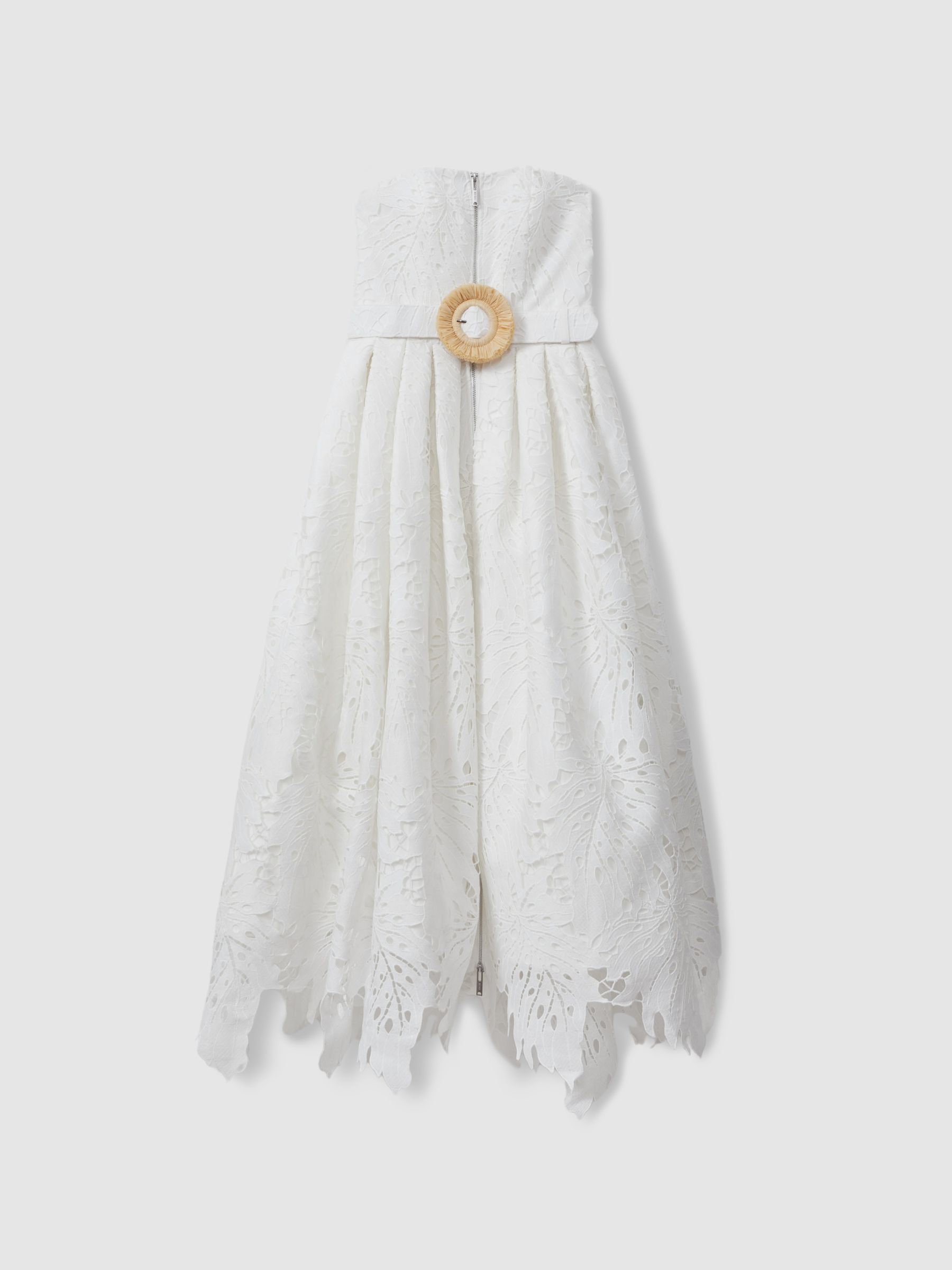 Leo Lin Strapless Lace Belted Midi Dress in Snow White - Image 1 of 5
