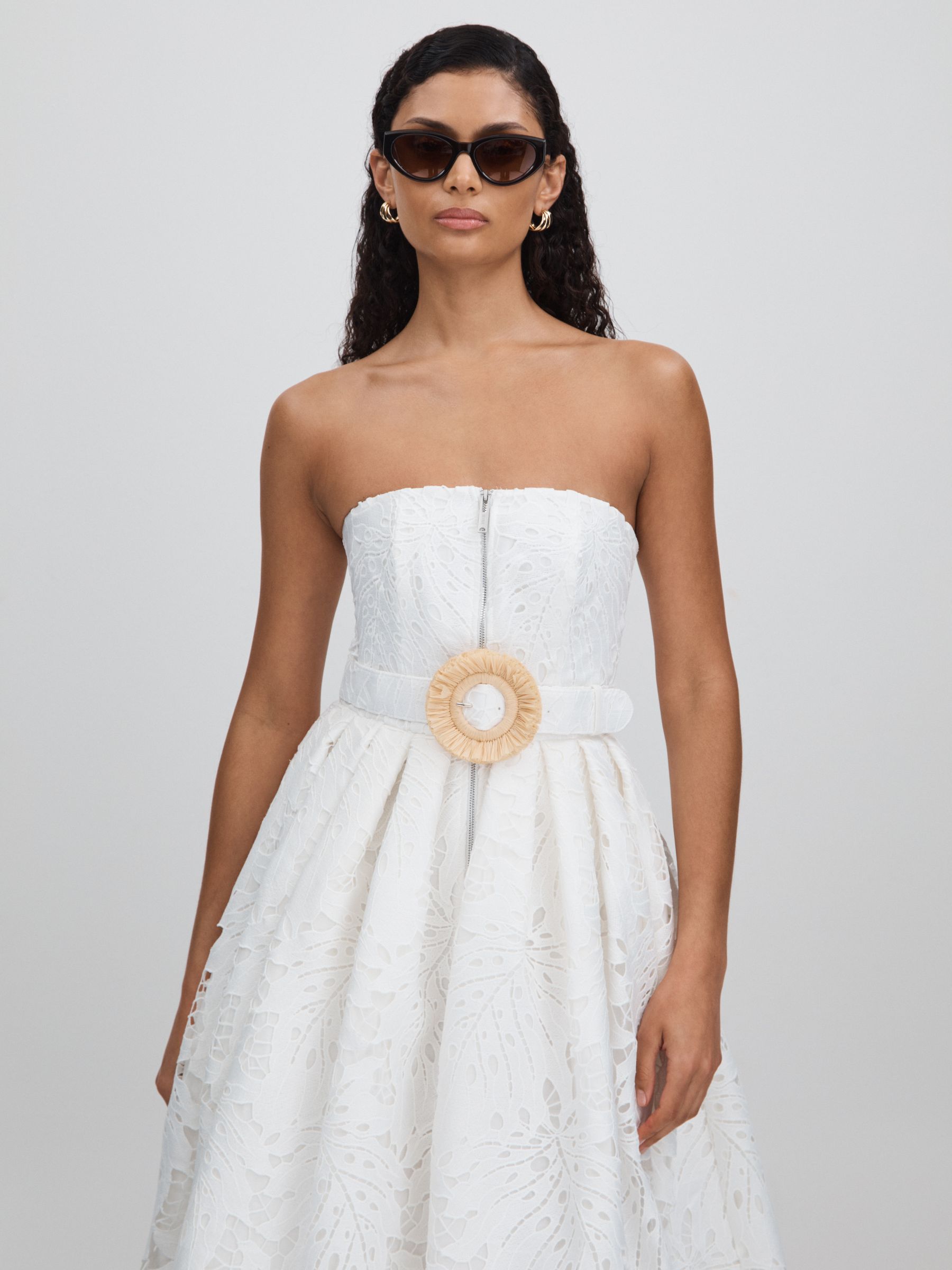 Leo Lin Strapless Lace Belted Midi Dress in Snow White - Image 3 of 5
