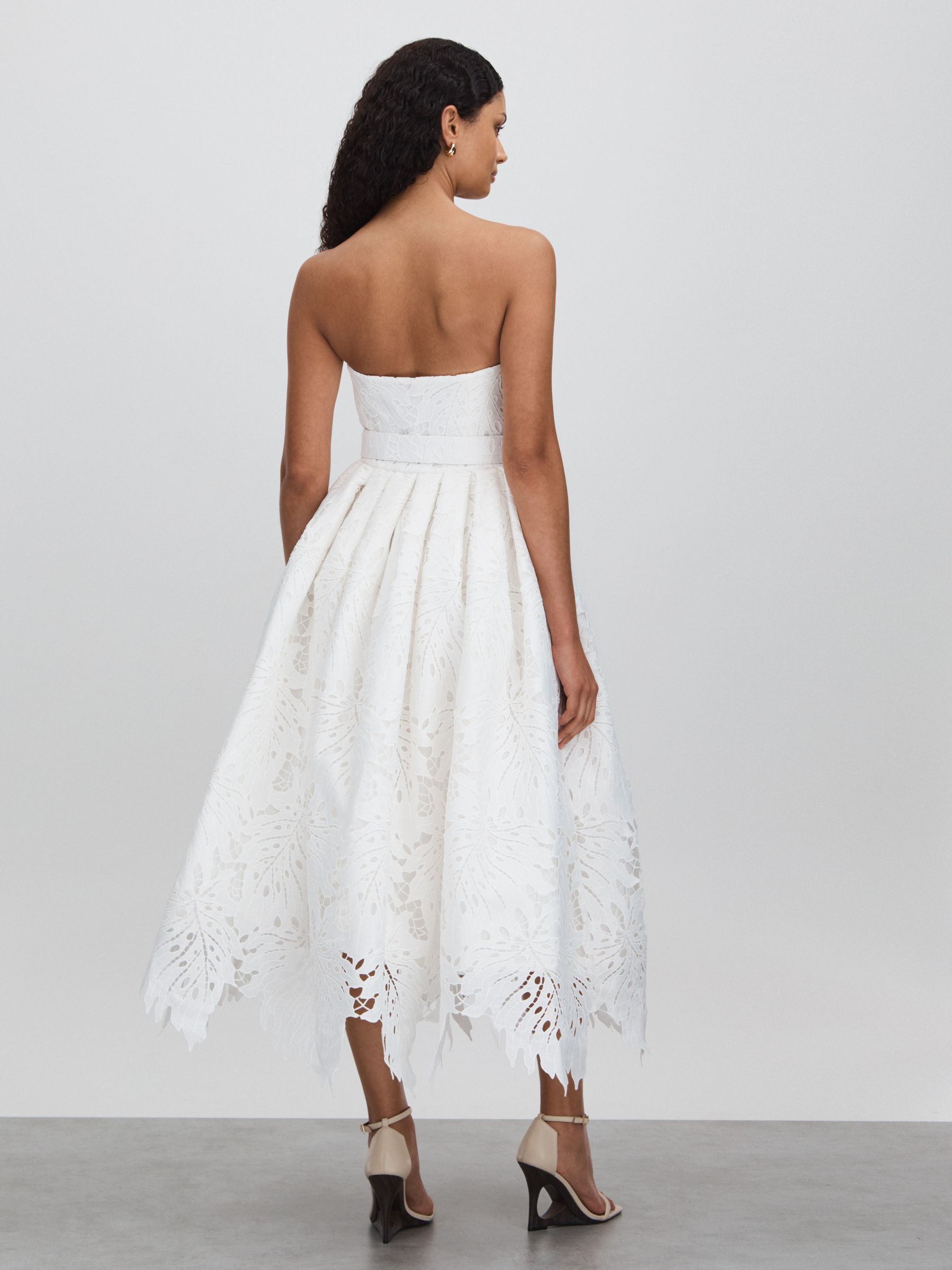 Leo Lin Strapless Lace Belted Midi Dress in Snow White - Image 4 of 5