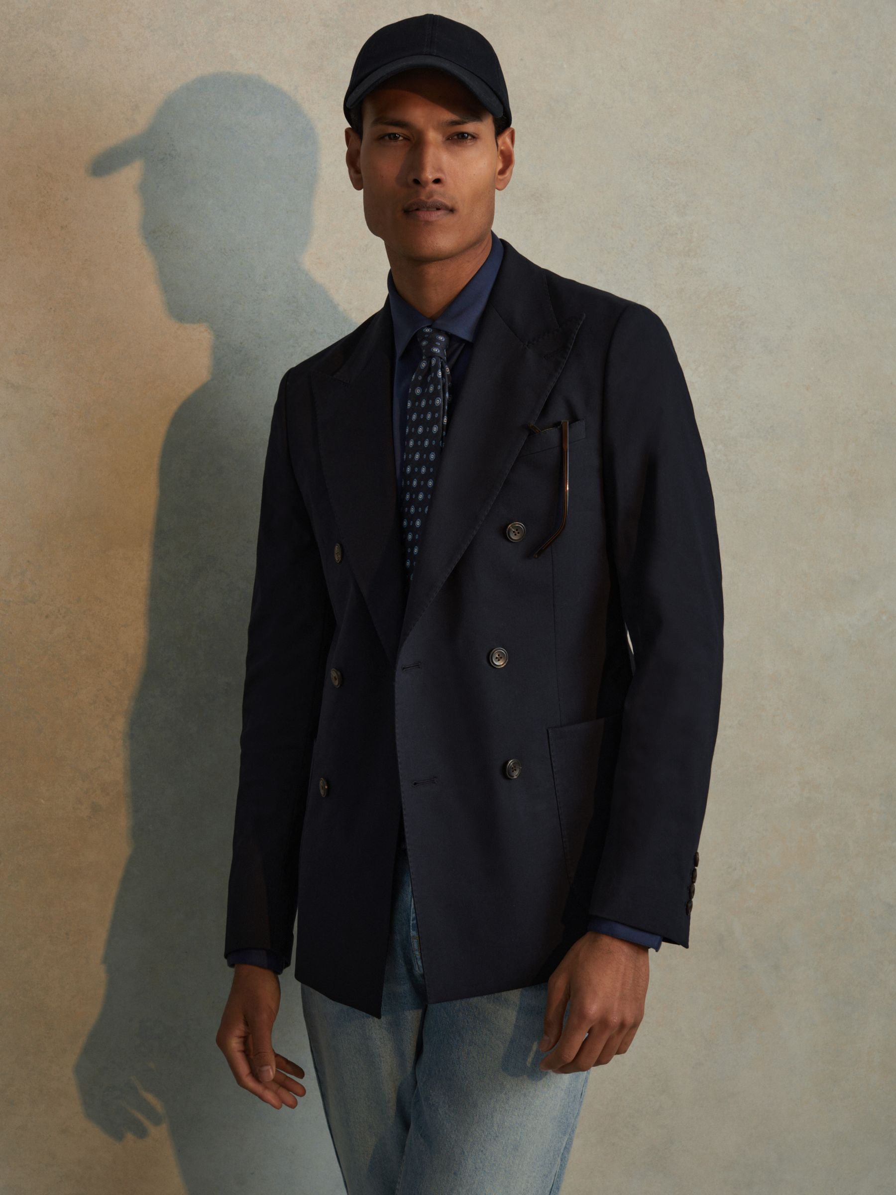 Double Breasted Cotton Blend Blazer in Navy - Image 5 of 7