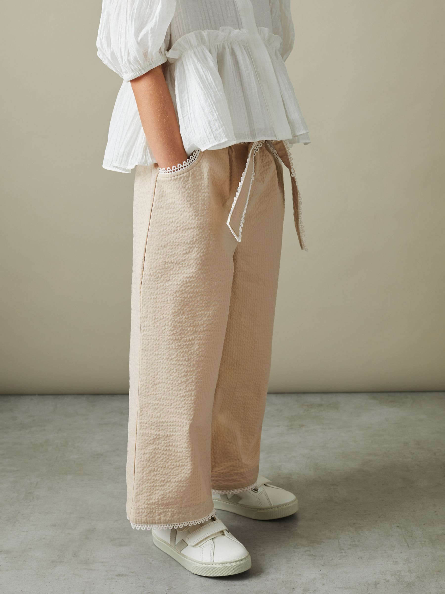 9-13 yrs Textured Lace Trim Trousers in Cream - Image 1 of 4