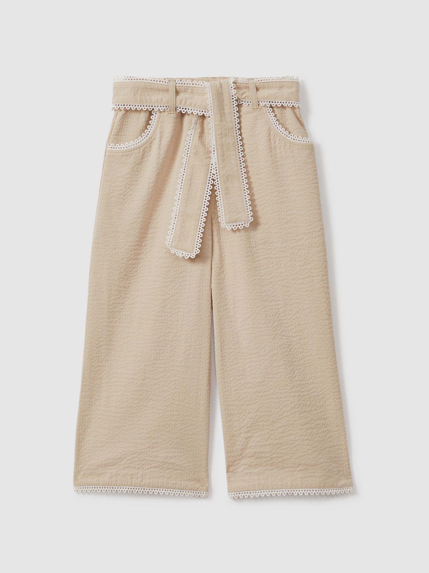 9-13 yrs Textured Lace Trim Trousers in Cream - Image 2 of 4