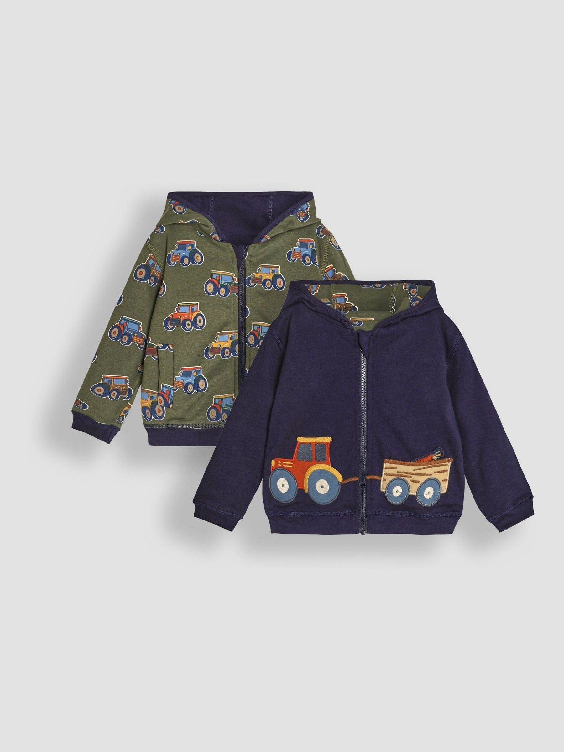 Navy Blue & Green Tractor & Trailer Tractor and Trailer Applique Reversible Hoodie - Image 1 of 8