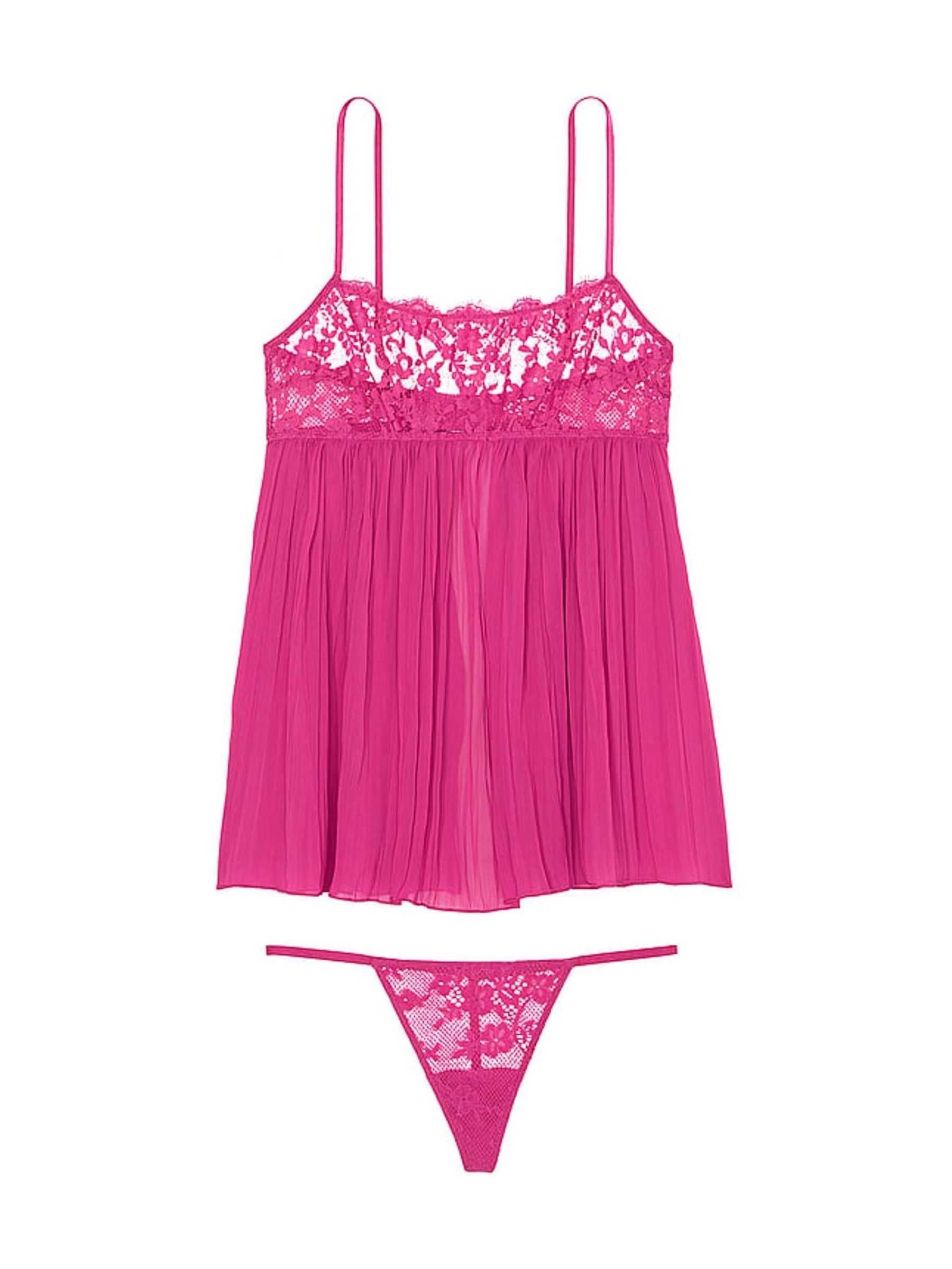Luscious Rose Pink Lace Top Pleated Babydoll Set - Image 3 of 3