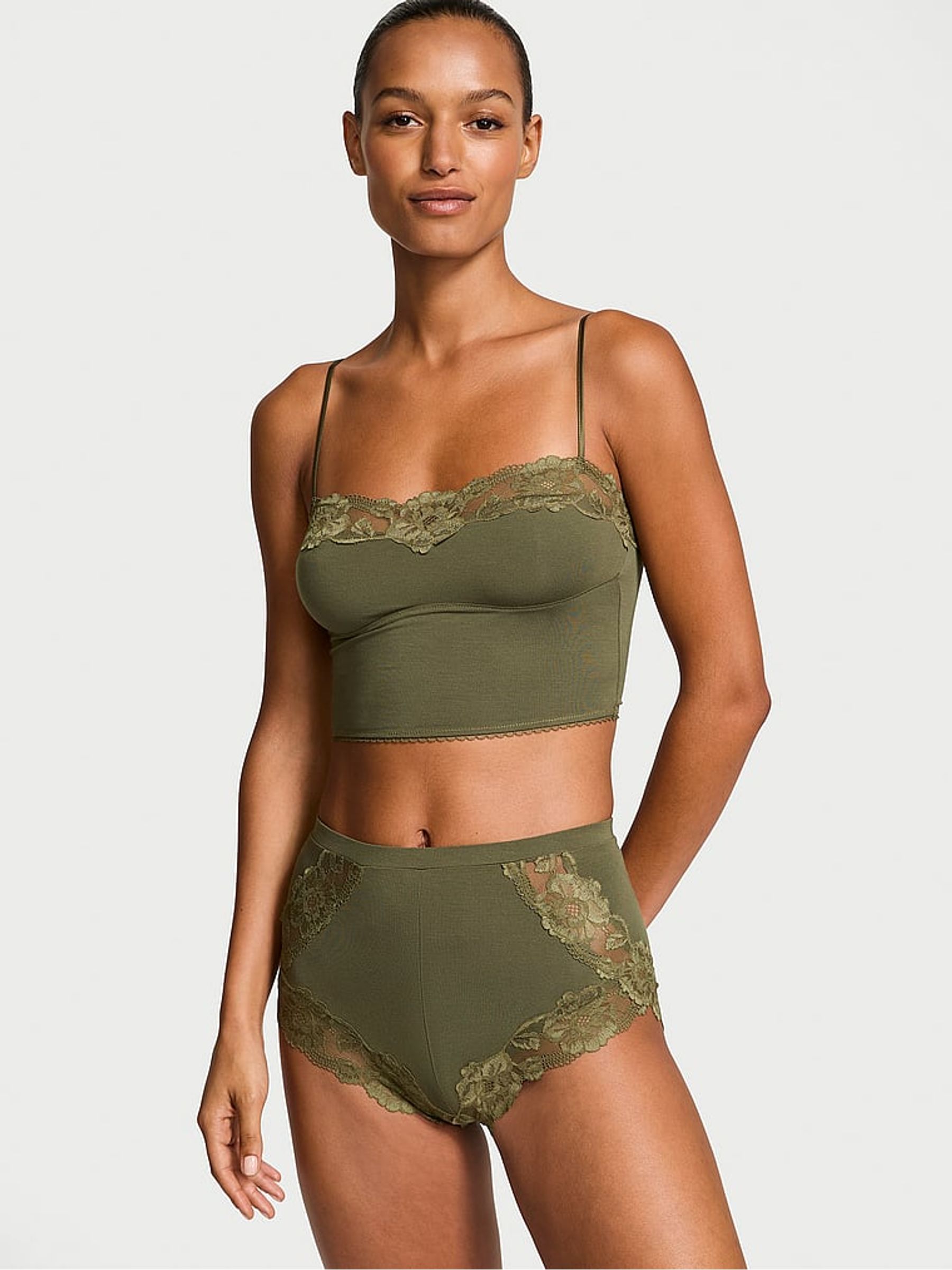 Olive Green Modal Straight Neck Cami Pyjama Set - Image 1 of 3