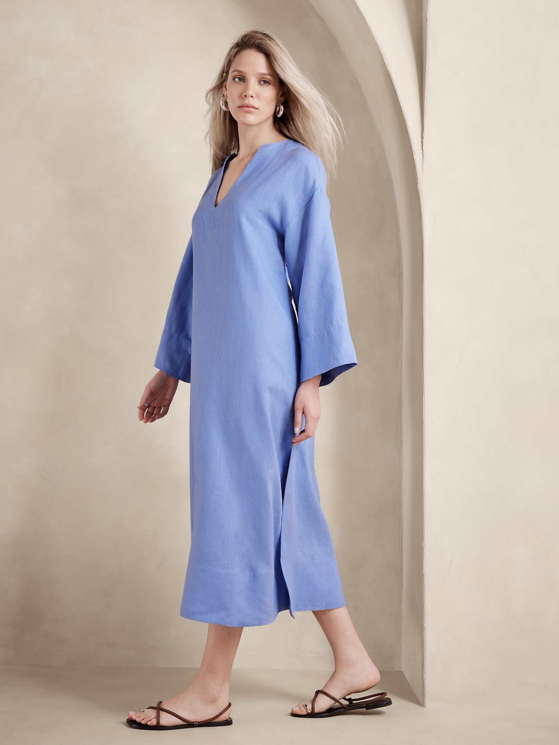knee length dresses for ladies Blue Linen Maxi Dress Kaftan main image 1