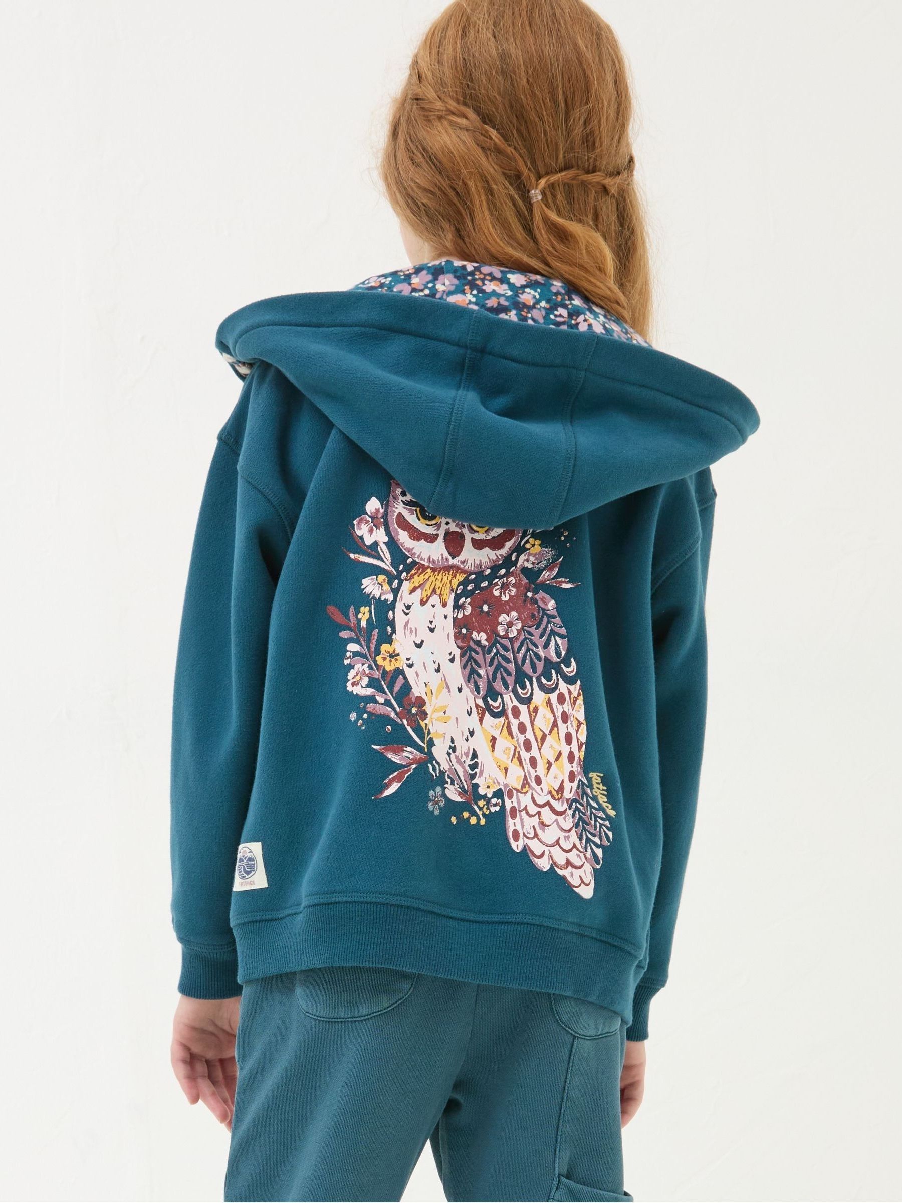 Dark Teal Blue Owl Zip Through Hoodie - Image 2 of 5