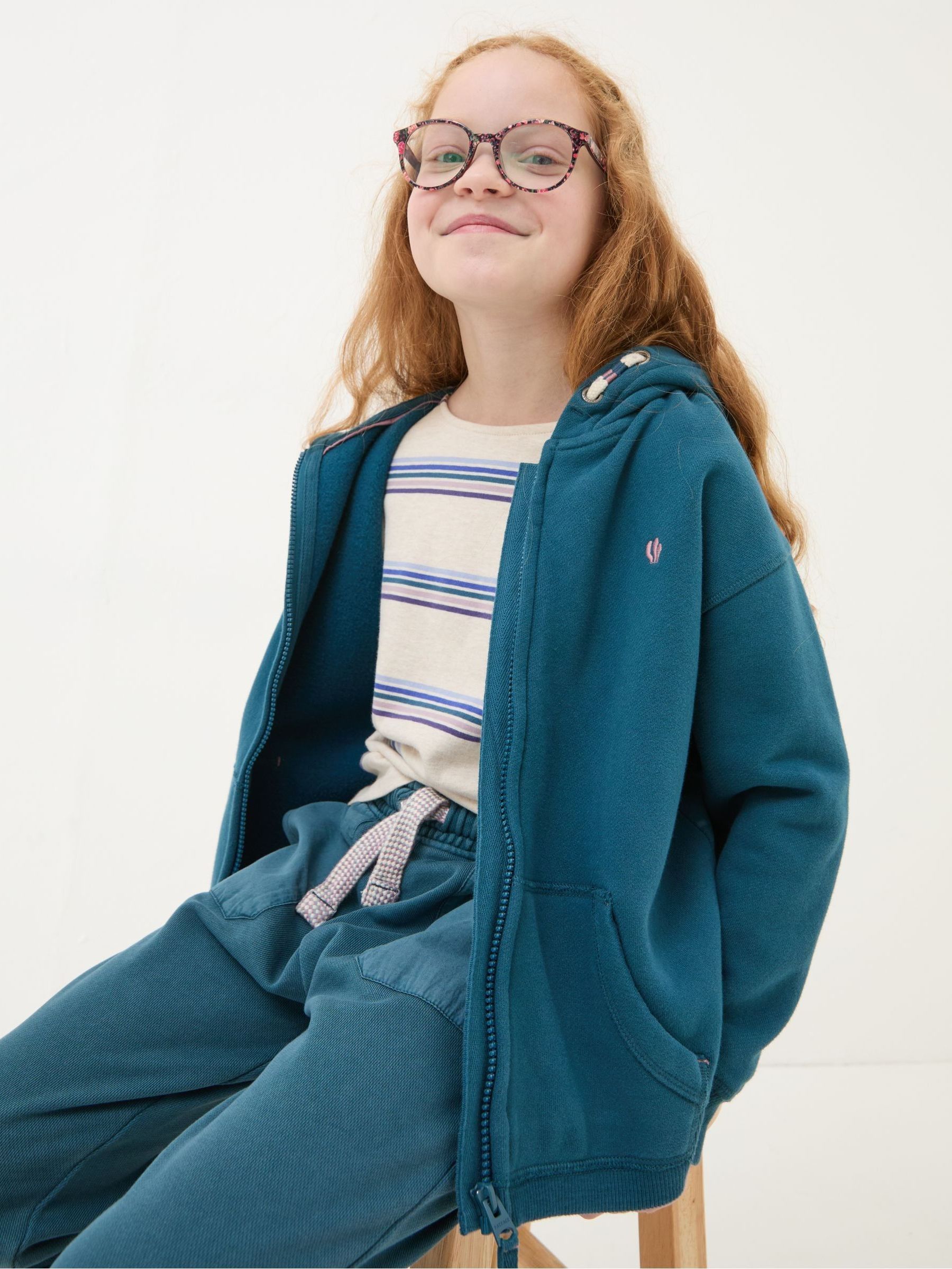 Dark Teal Blue Owl Zip Through Hoodie - Image 3 of 5