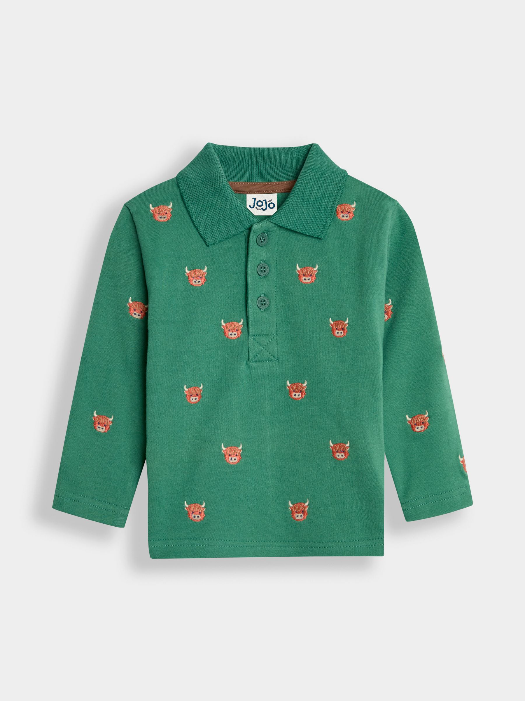 Green Highland Cow Long Sleeve Embroidered Polo Shirt - Image 1 of 3