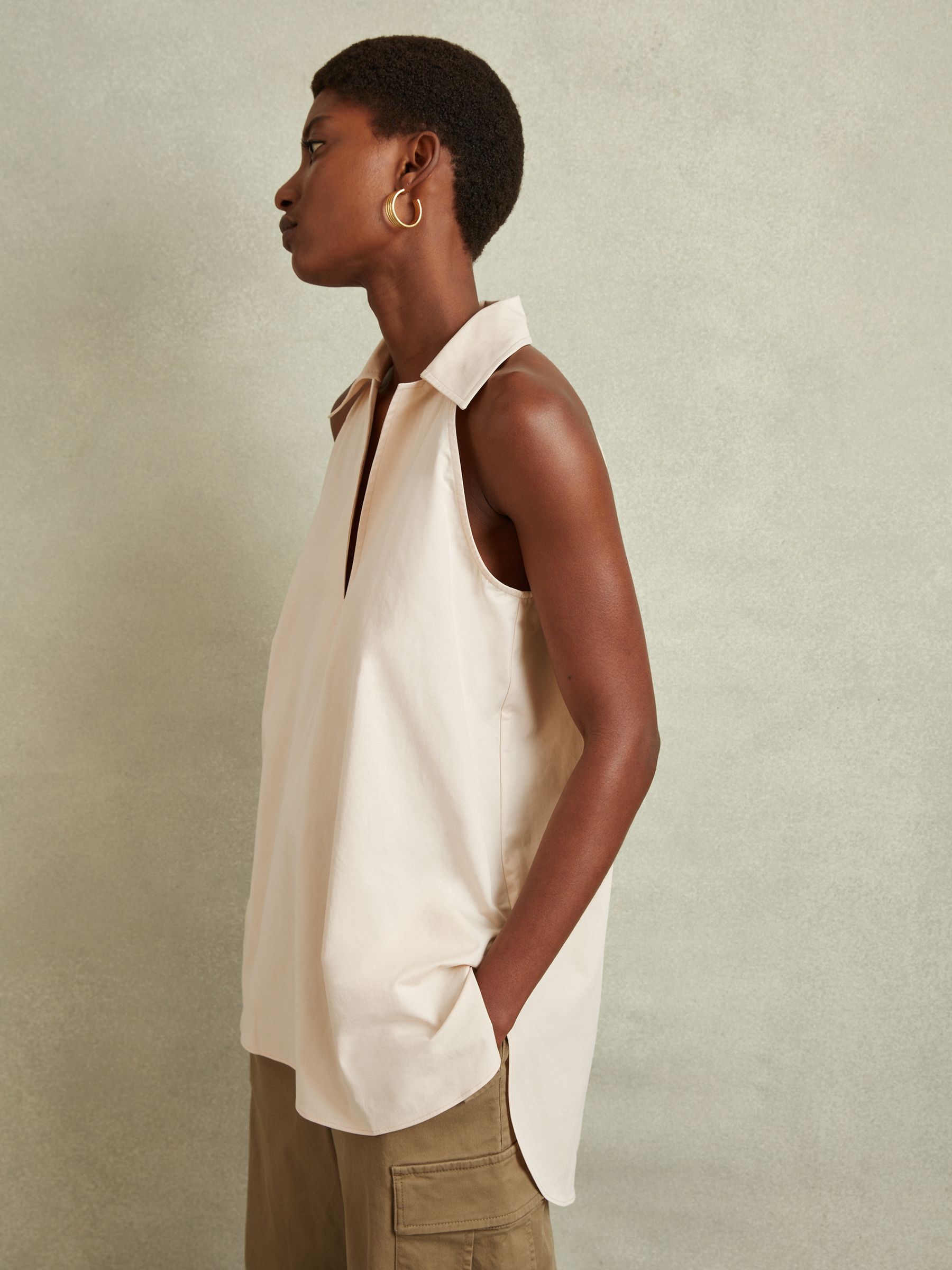 Open-Collar Cotton Blend Sleeveless Top in Neutral - Image 3 of 5