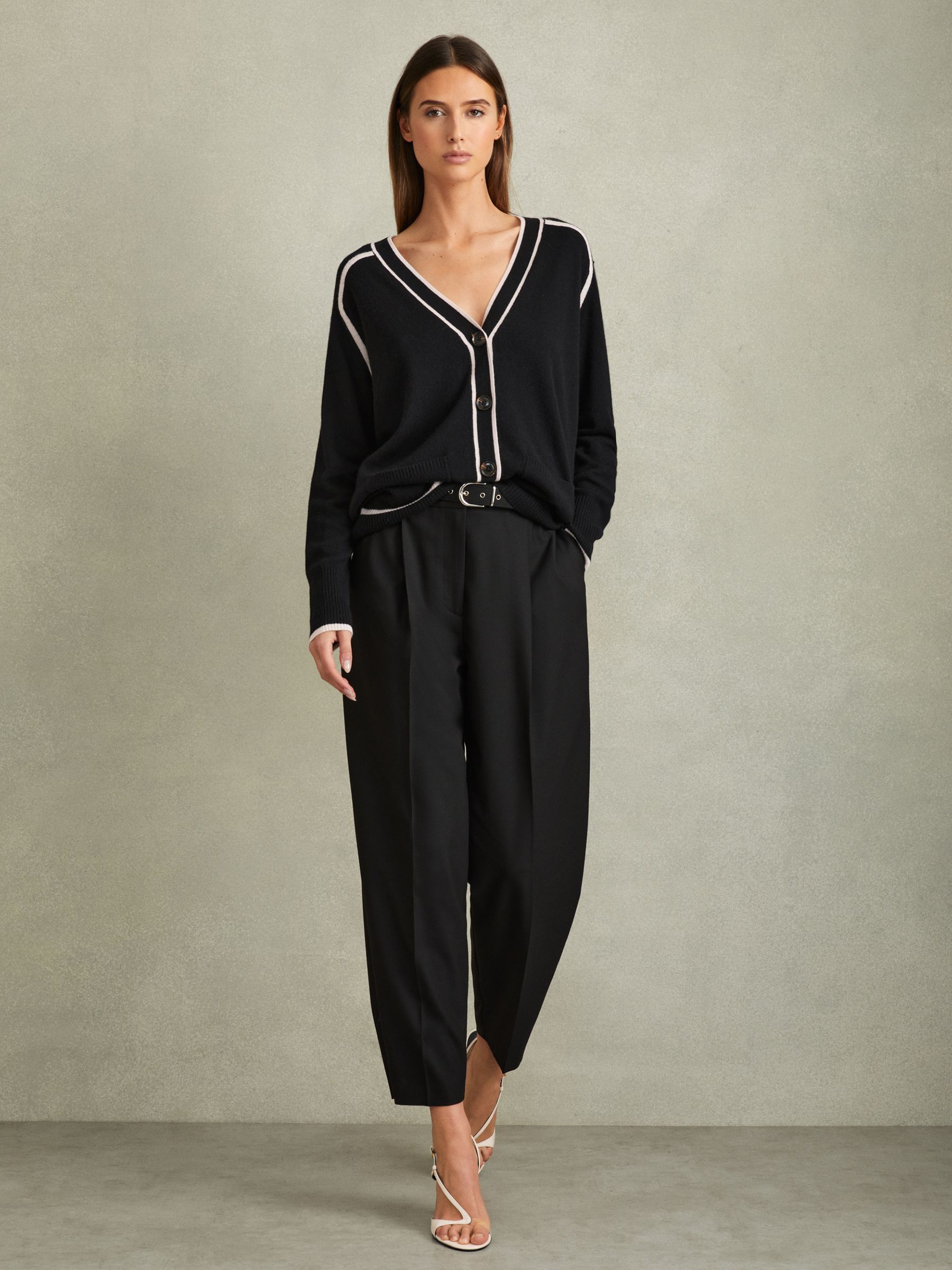 Wool Blend Contrast Tipped Cardigan with Cashmere in Black/Stone - Image 1 of 5