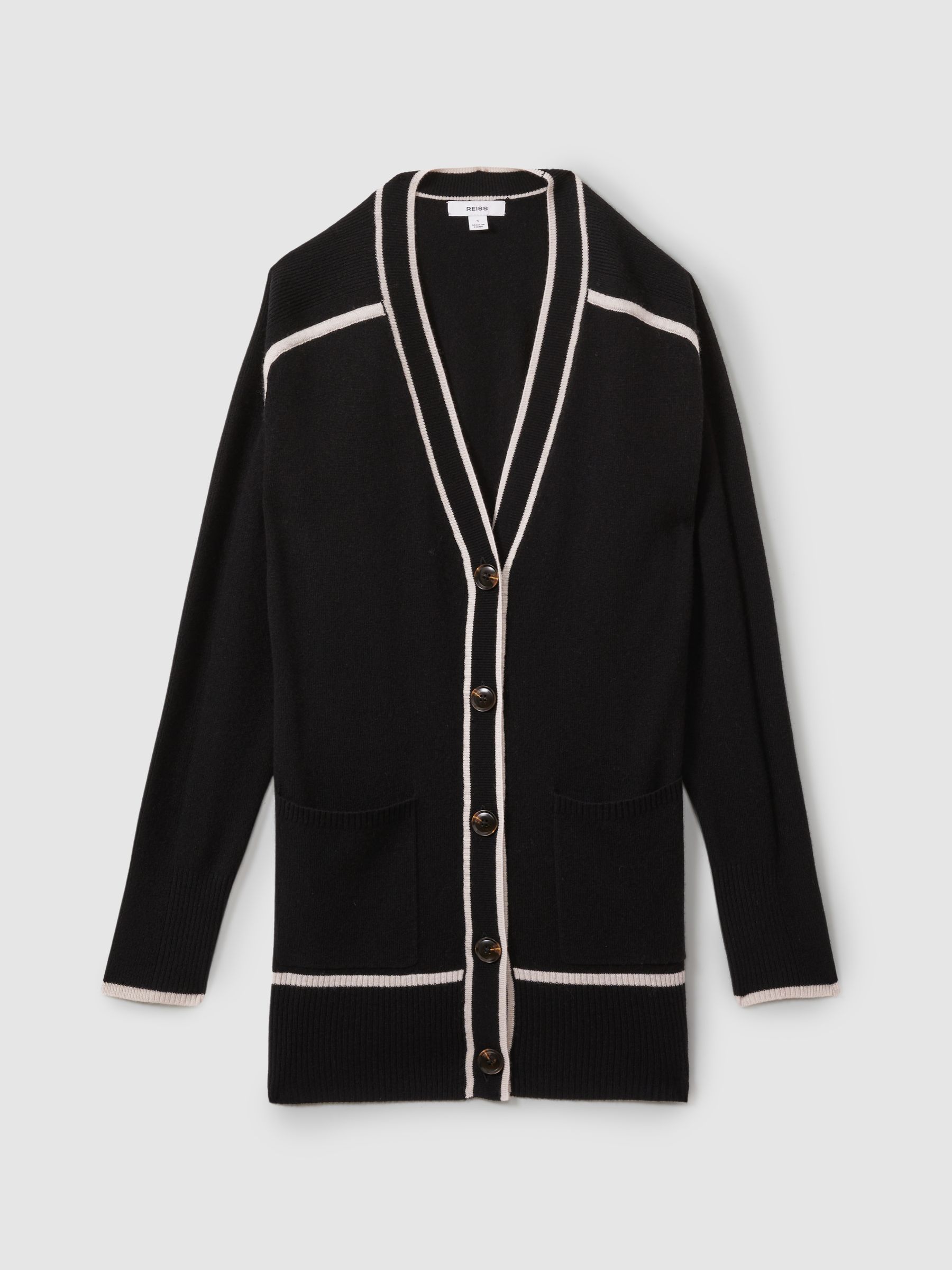 Wool Blend Contrast Tipped Cardigan with Cashmere in Black/Stone - Image 2 of 5