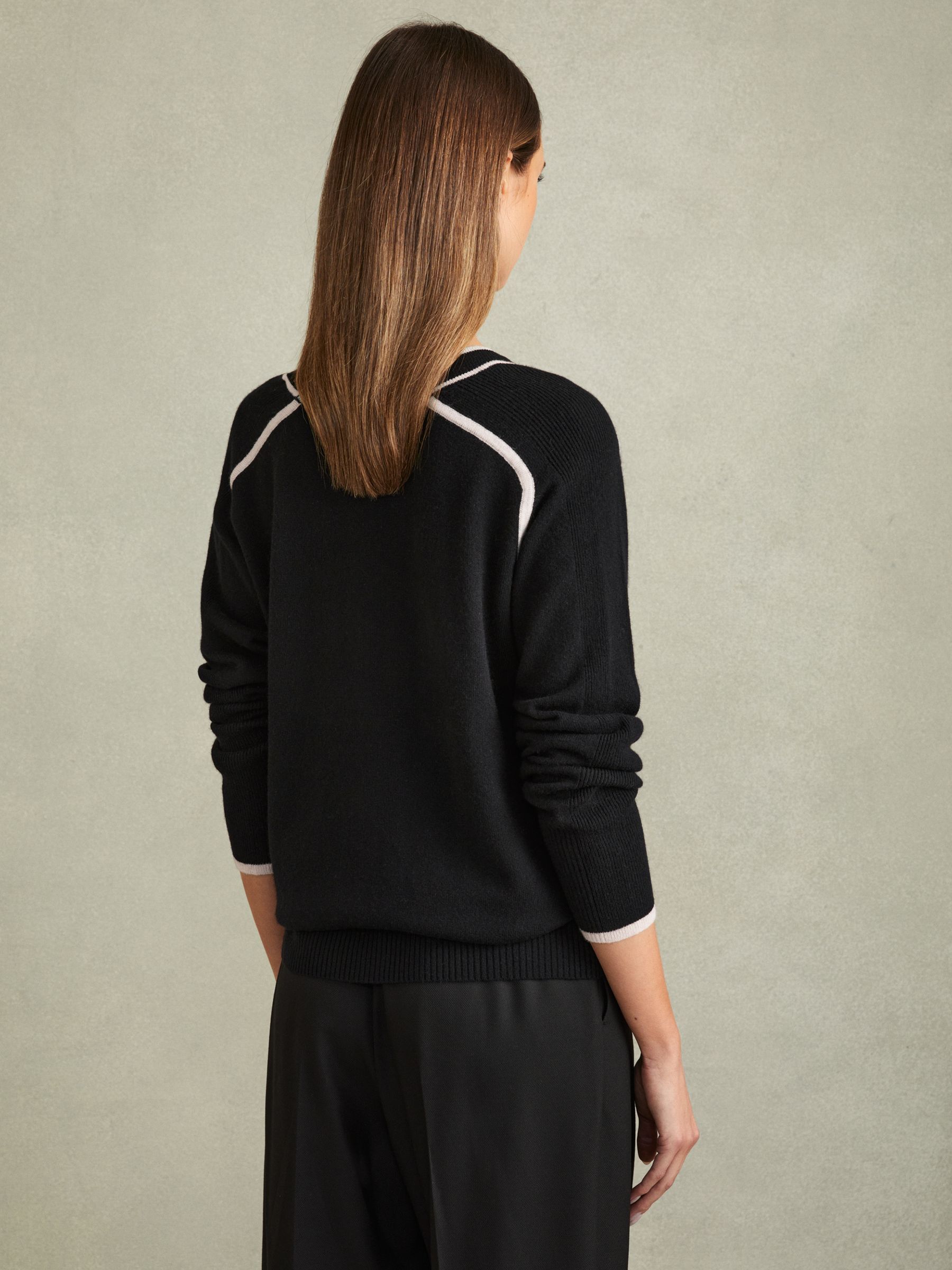 Wool Blend Contrast Tipped Cardigan with Cashmere in Black/Stone - Image 4 of 5