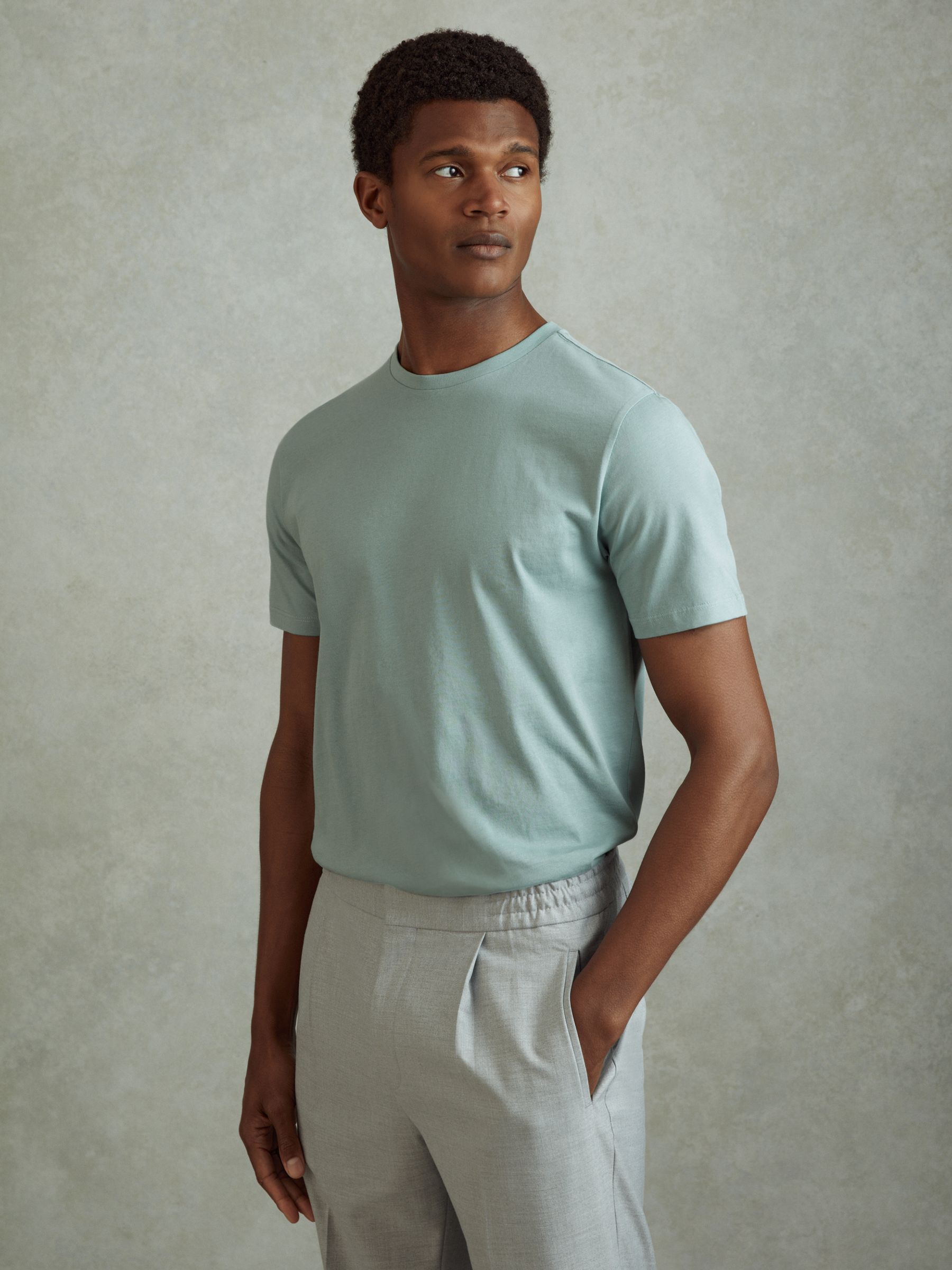 Cotton Crew Neck T-Shirt in Aqua Blue - Image 1 of 6 Cotton Crew Neck T-Shirt in Aqua Blue - Image 1 of 6