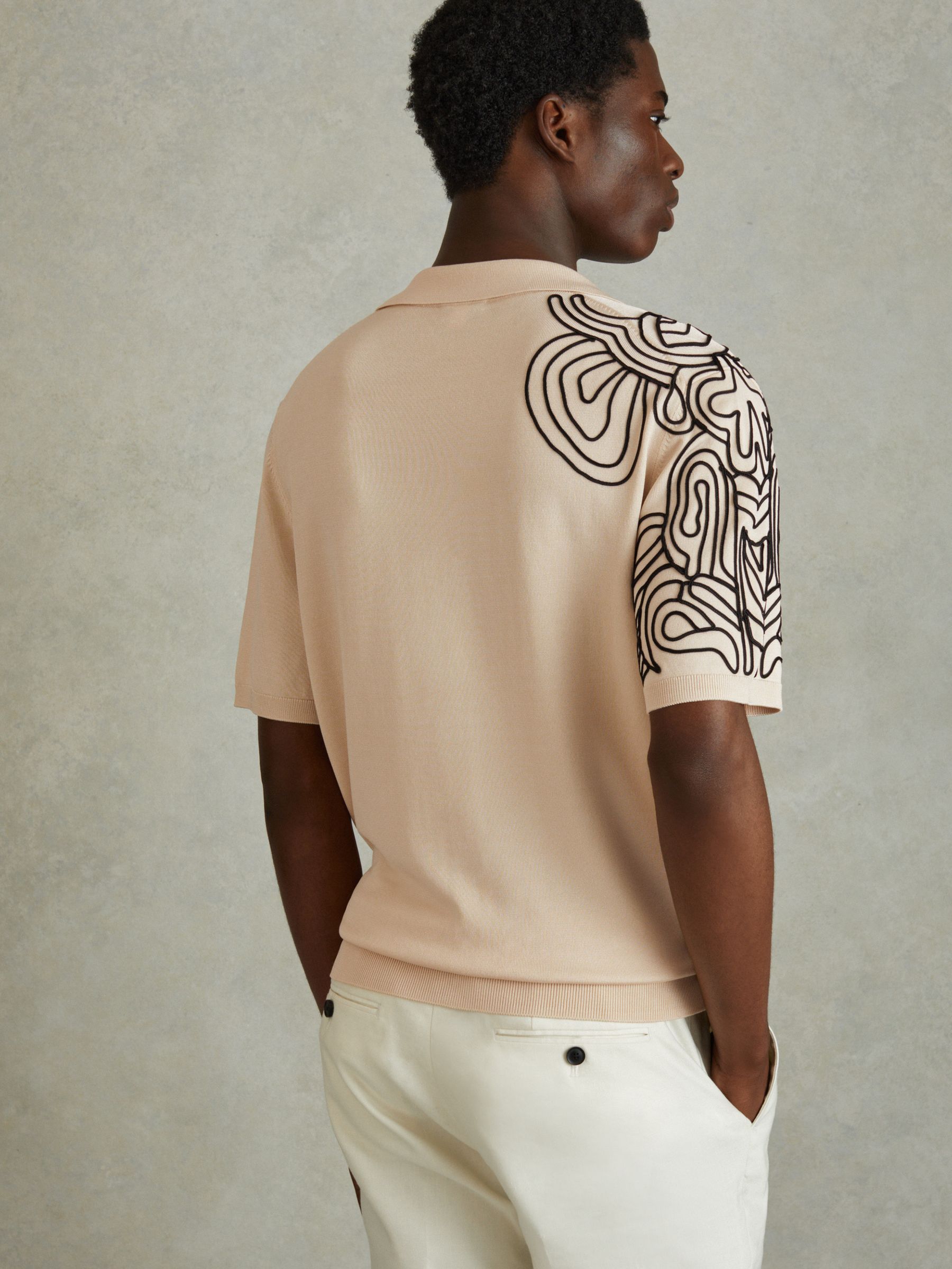 Jersey Embroidered Cuban Collar Shirt in Cream - Image 5 of 6