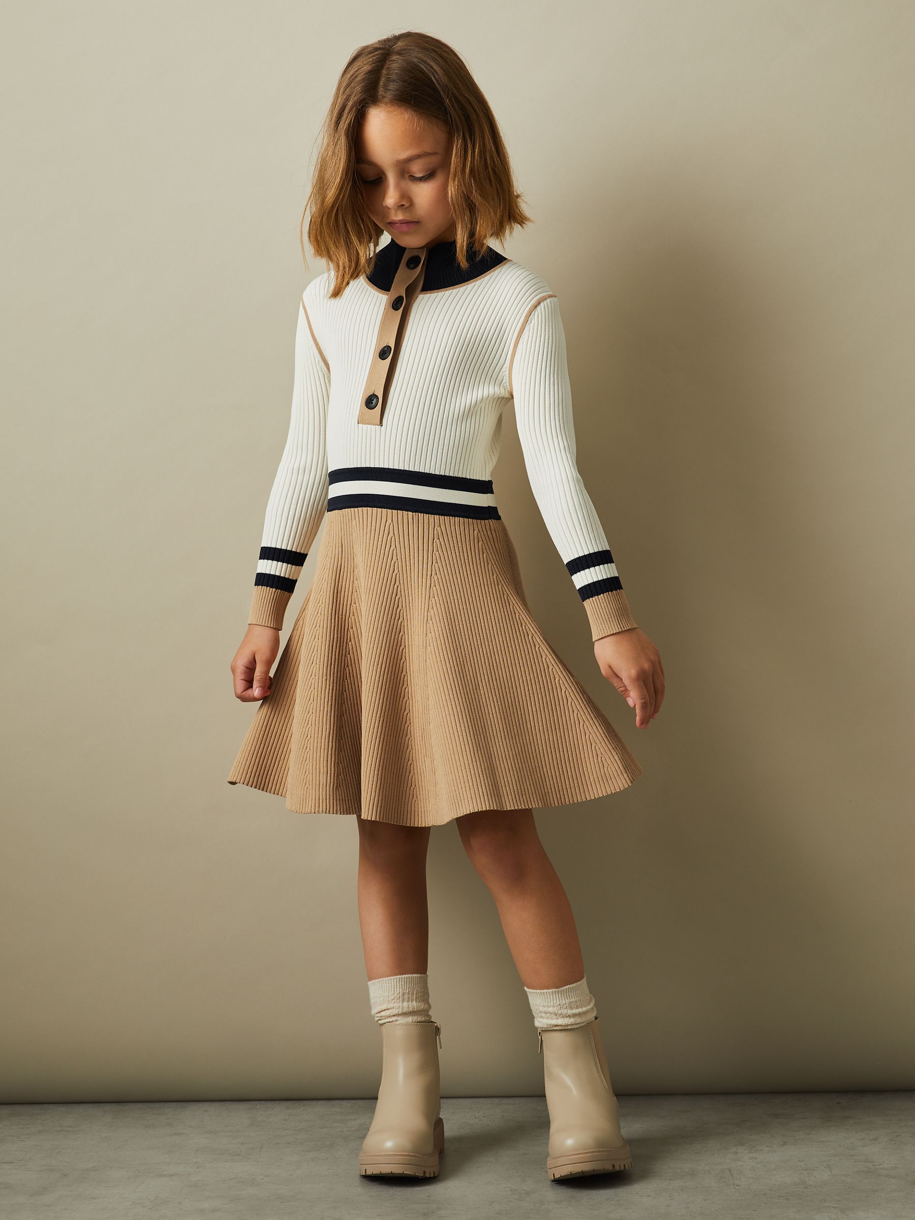9-13 yrs Knitted Button-Through Funnel Neck Dress in Camel - Image 3 of 4