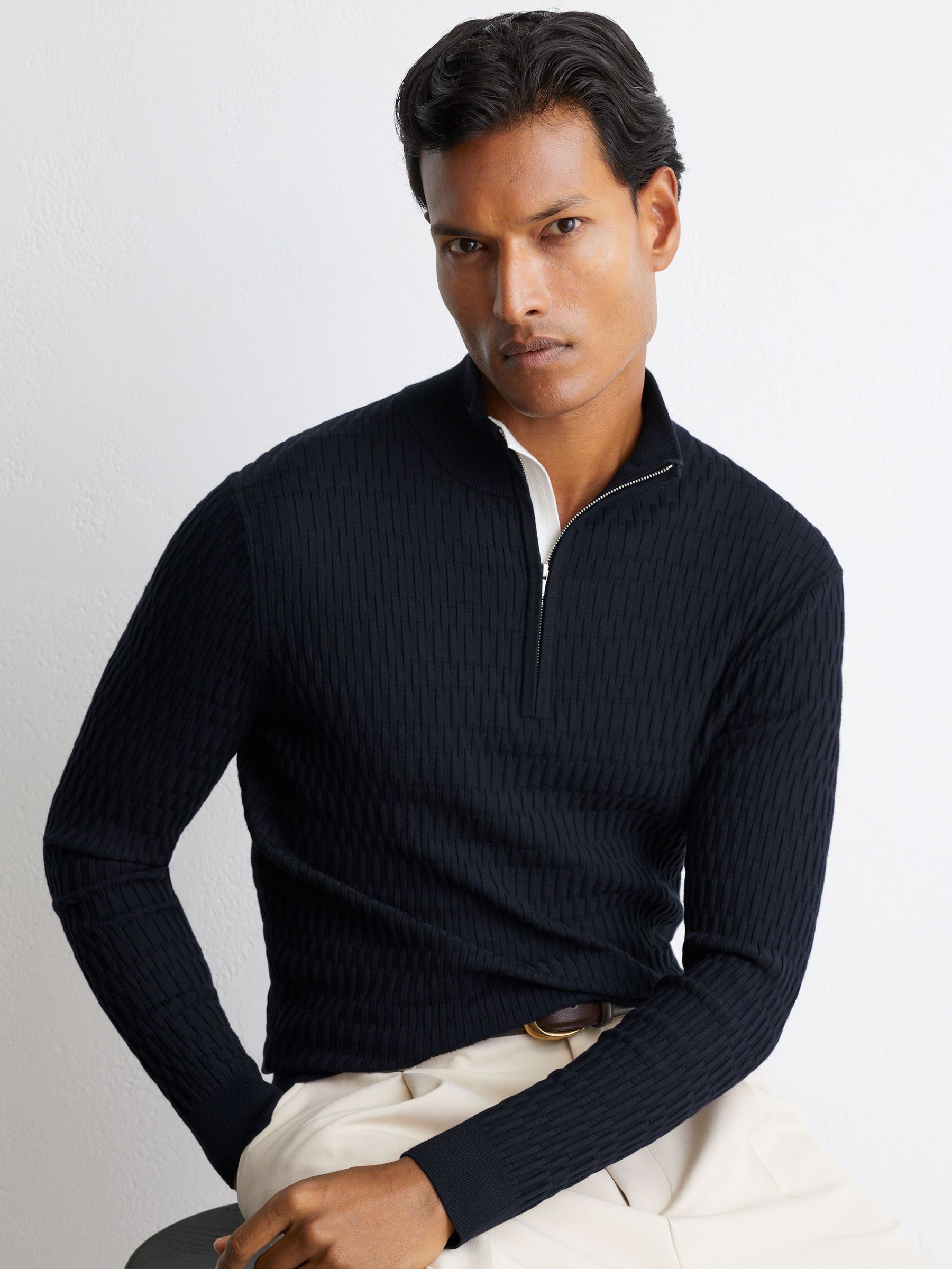 Textured-Knit Half-Zip Jumper in Navy - Image 1 of 7 Textured-Knit Half-Zip Jumper in Navy - Image 1 of 7