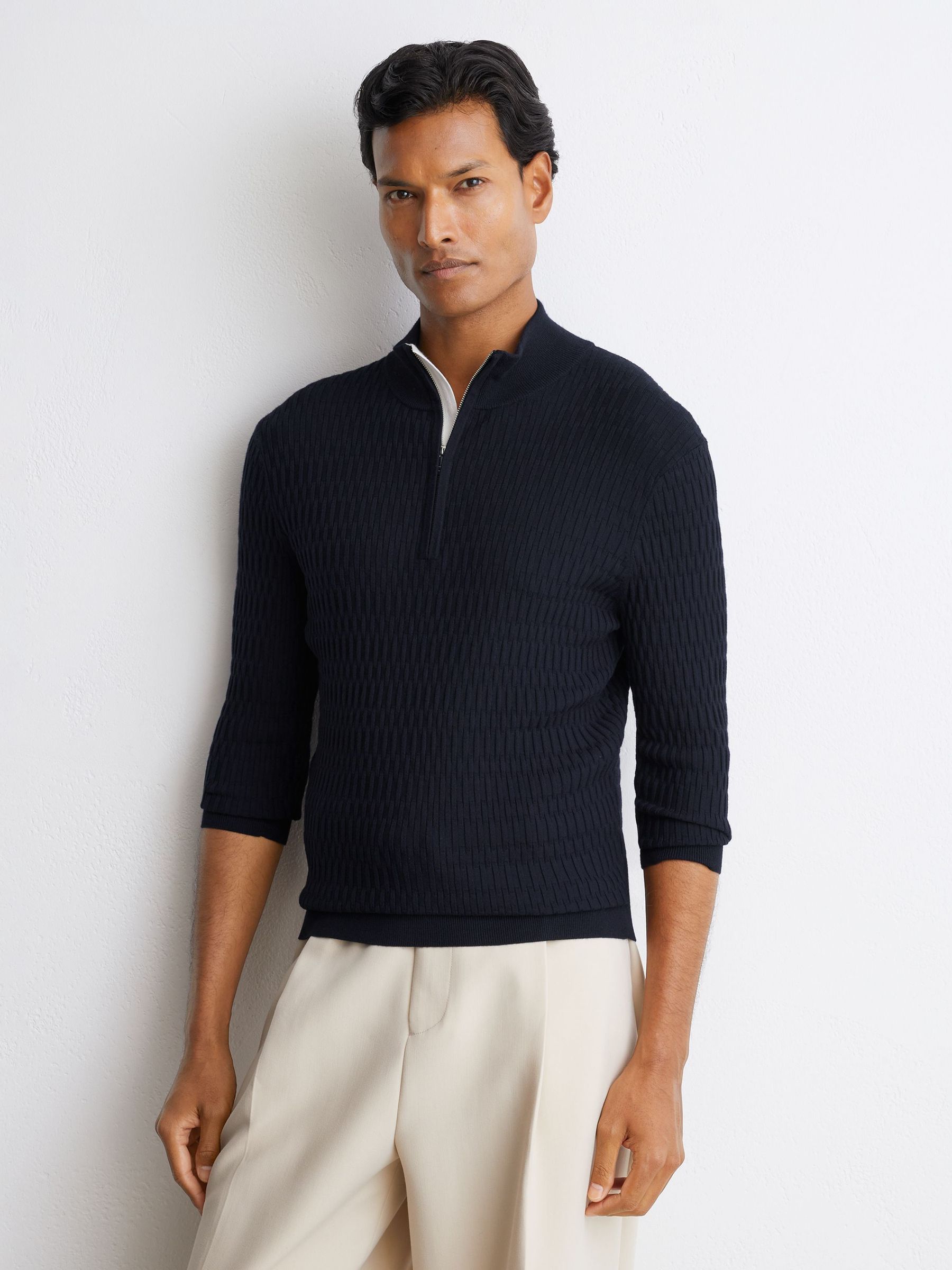 Textured-Knit Half-Zip Jumper in Navy - Image 3 of 7