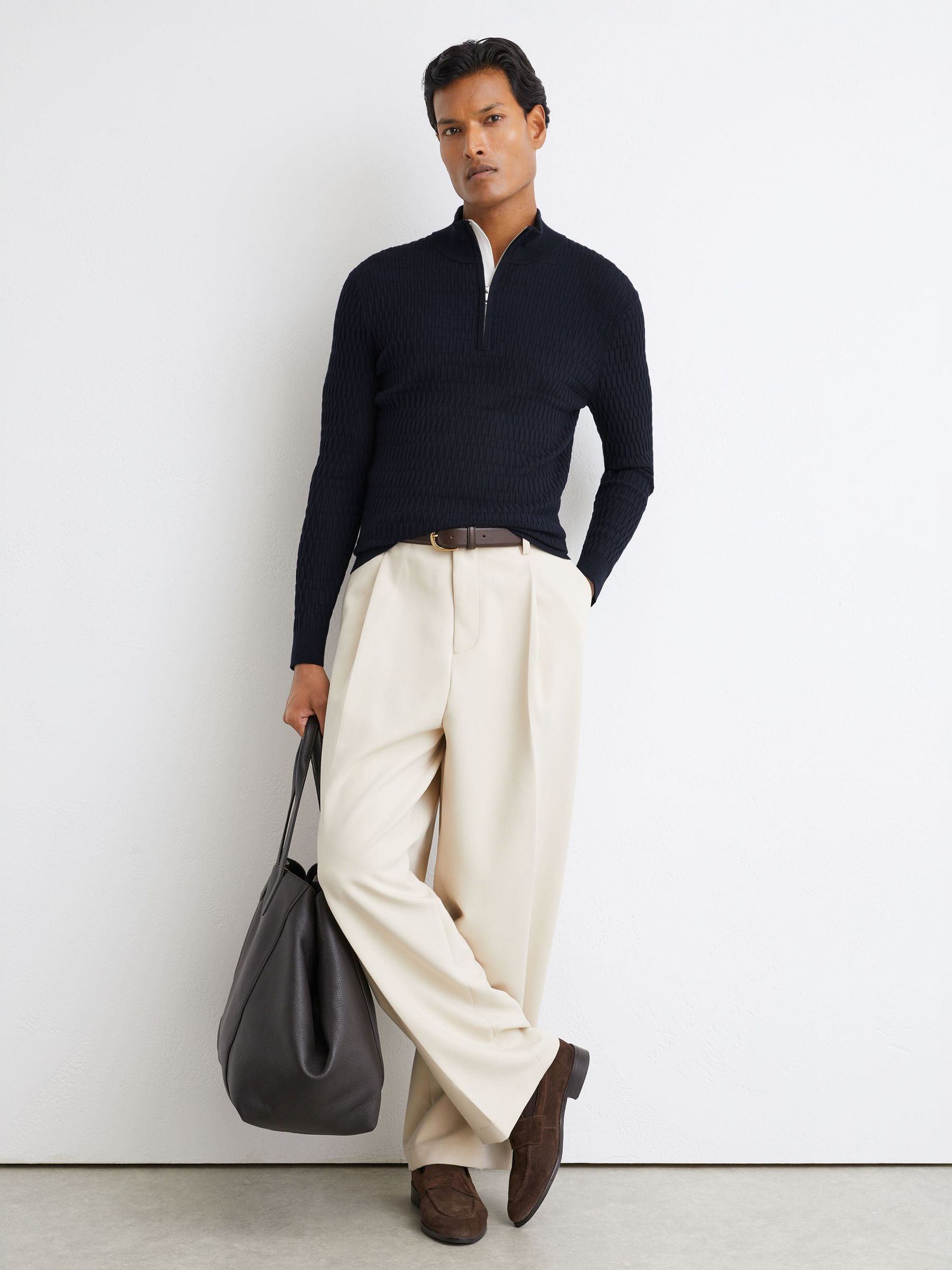 Textured-Knit Half-Zip Jumper in Navy - Image 5 of 7