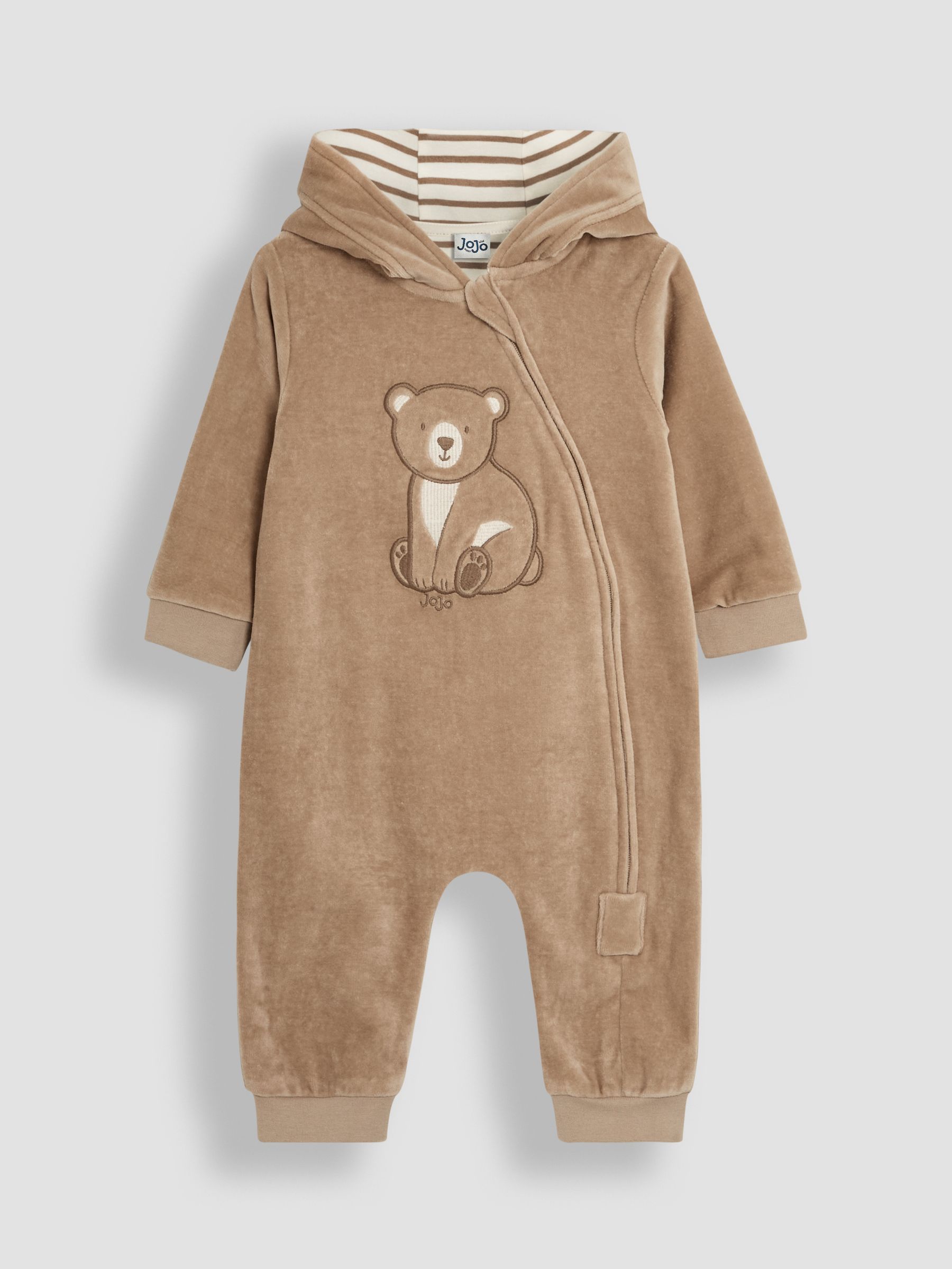 Mocha Brown Bear Appliqué Zip Up Hooded Romper - Image 1 of 3