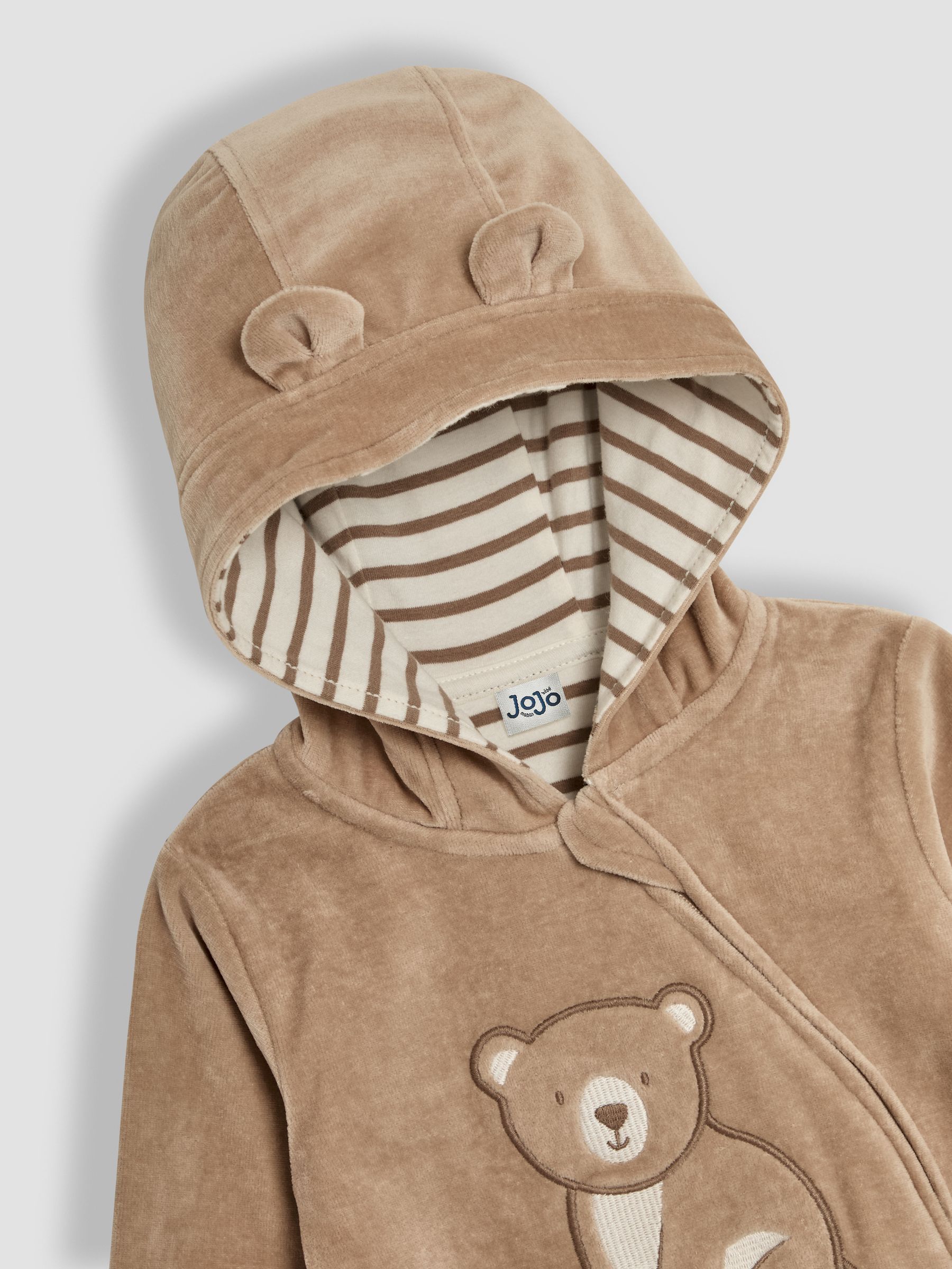 Mocha Brown Bear Appliqué Zip Up Hooded Romper - Image 3 of 3