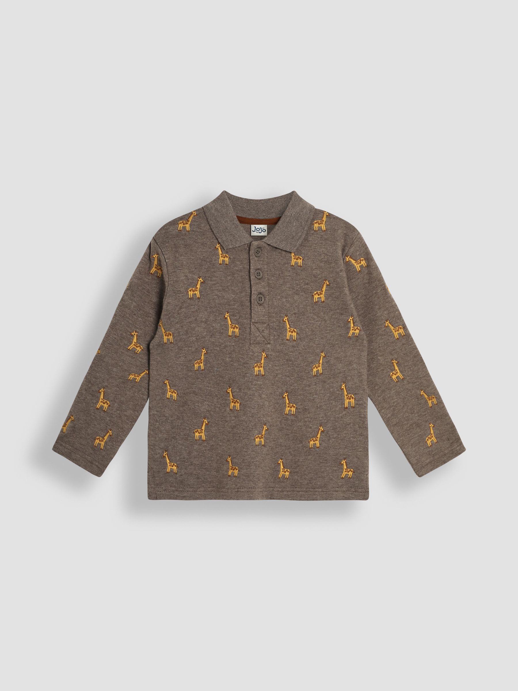 Mocha Brown Giraffe Long Sleeve Embroidered Polo Shirt - Image 1 of 3