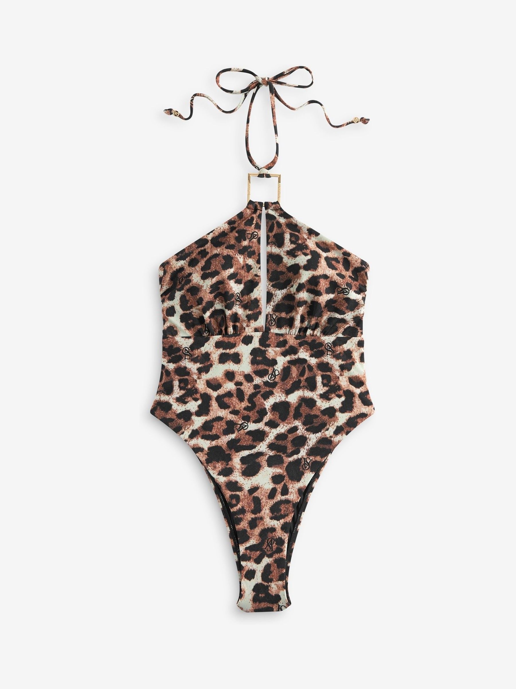 Leopard Brown Tummy Control Halterneck Logo Swimsuit - Image 5 of 5