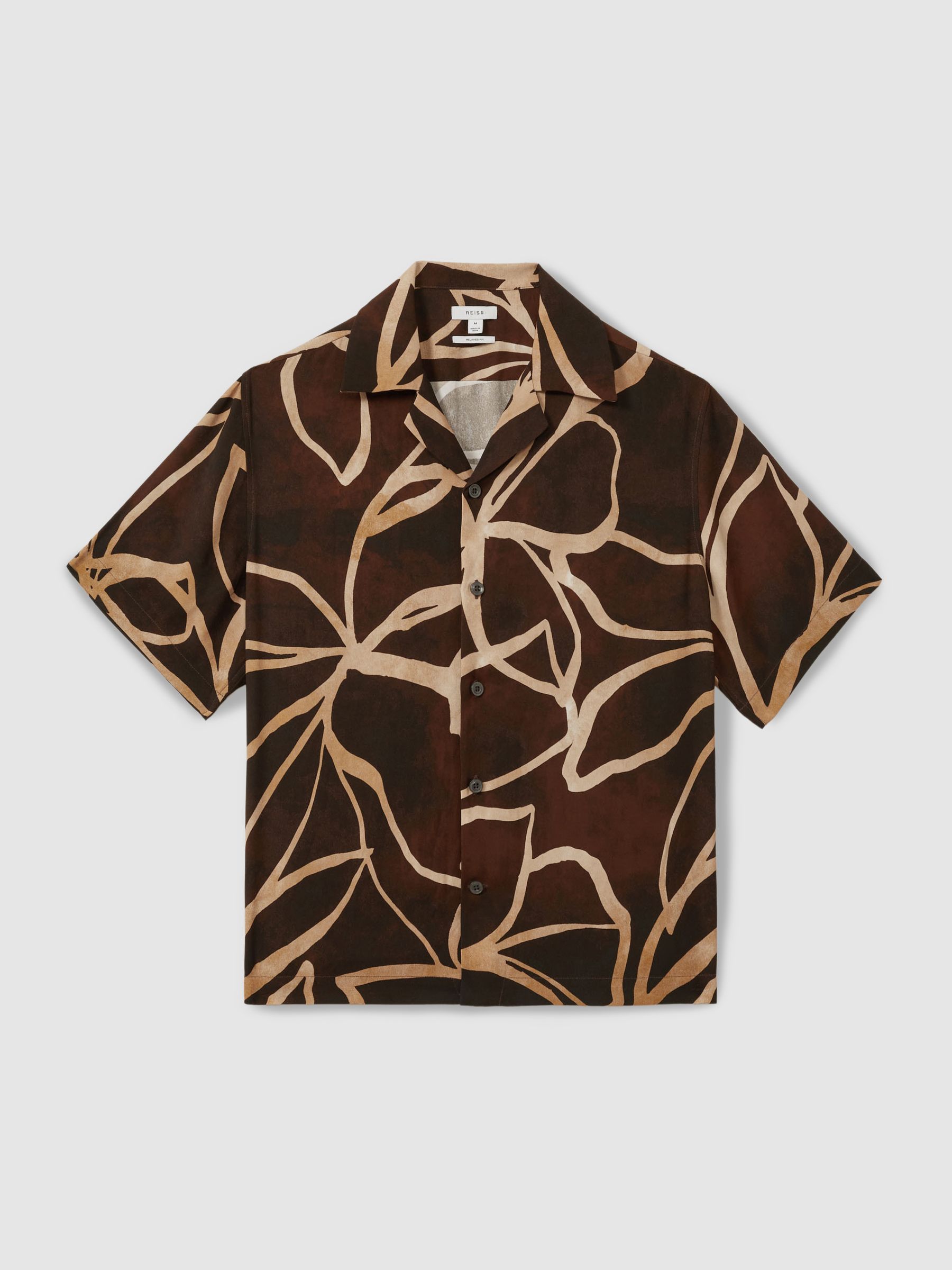 Relaxed Printed Cuban Collar Shirt in Brown/Off White - Image 2 of 5