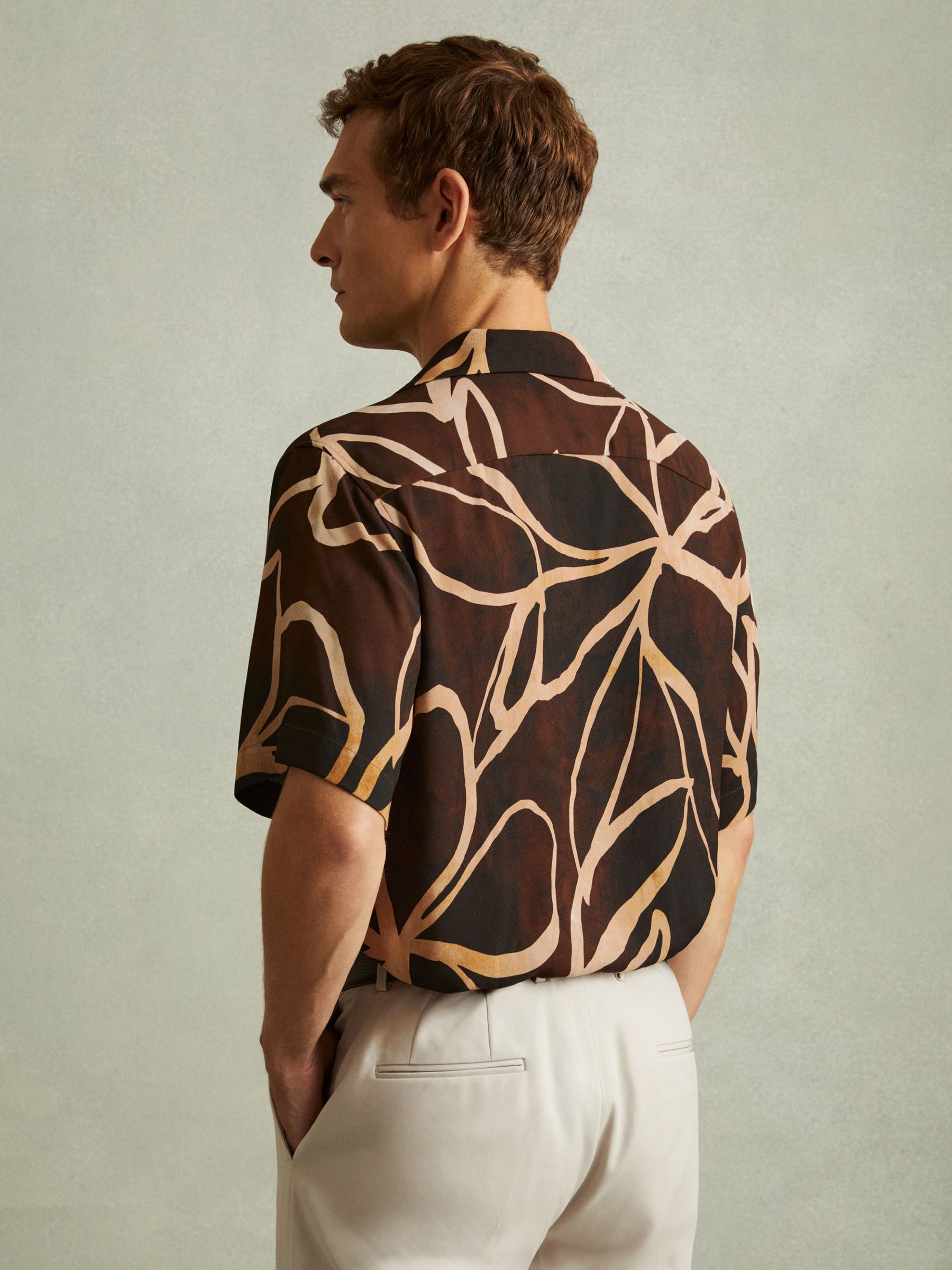 Relaxed Printed Cuban Collar Shirt in Brown/Off White - Image 4 of 5