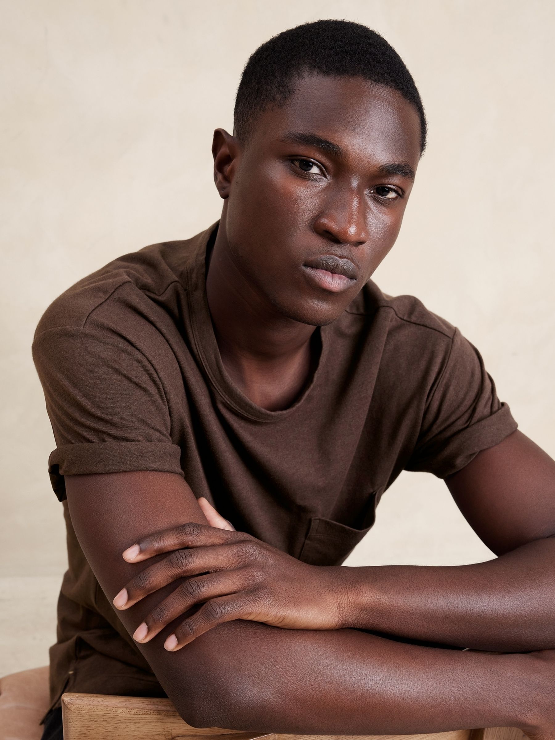 Banana Republic Brown Linen-Cotton Crew Neck T-Shirt - Image 1 of 1