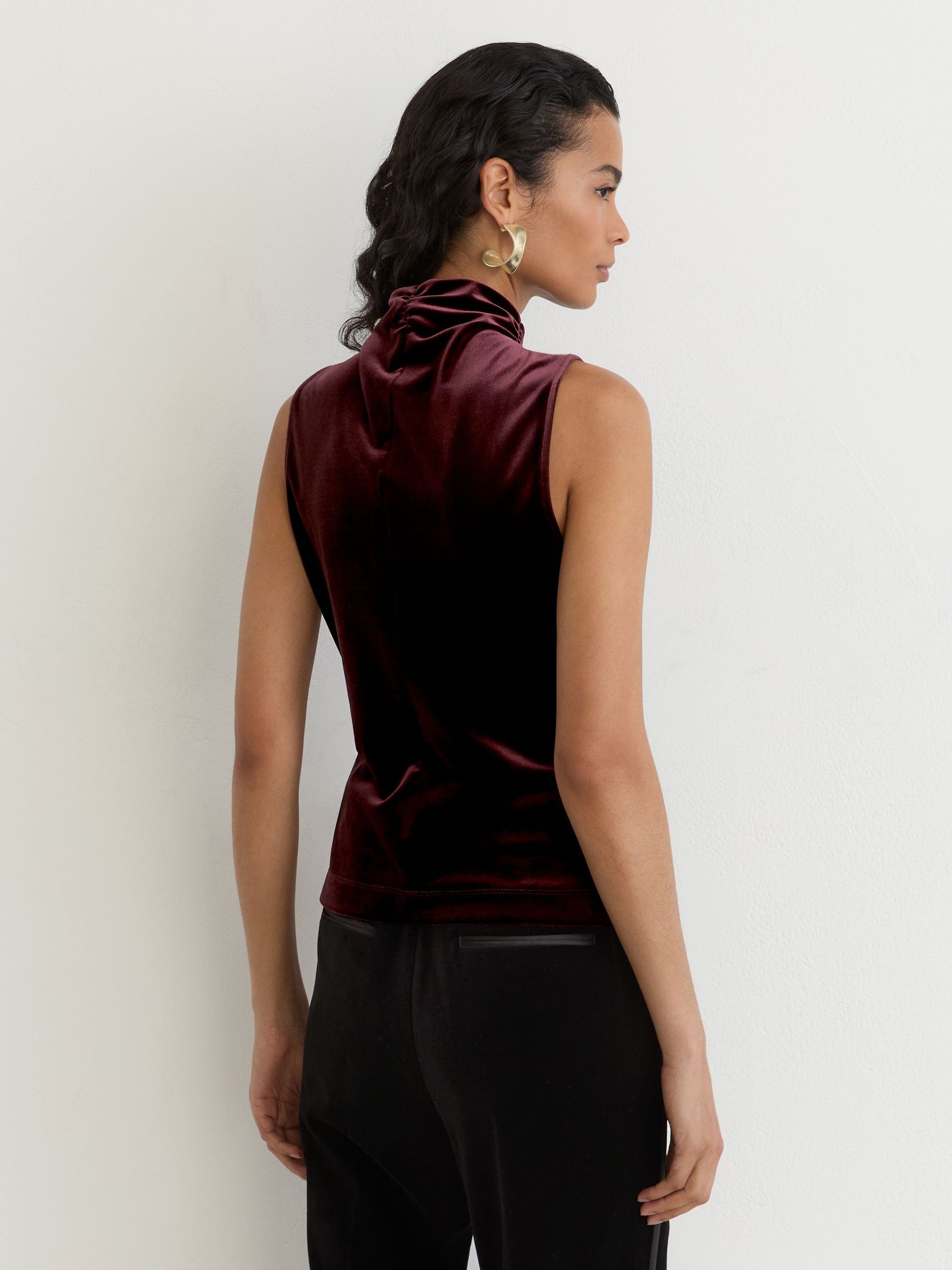 Velvet High-Neck Sleeveless Top in Burgundy - Image 3 of 5