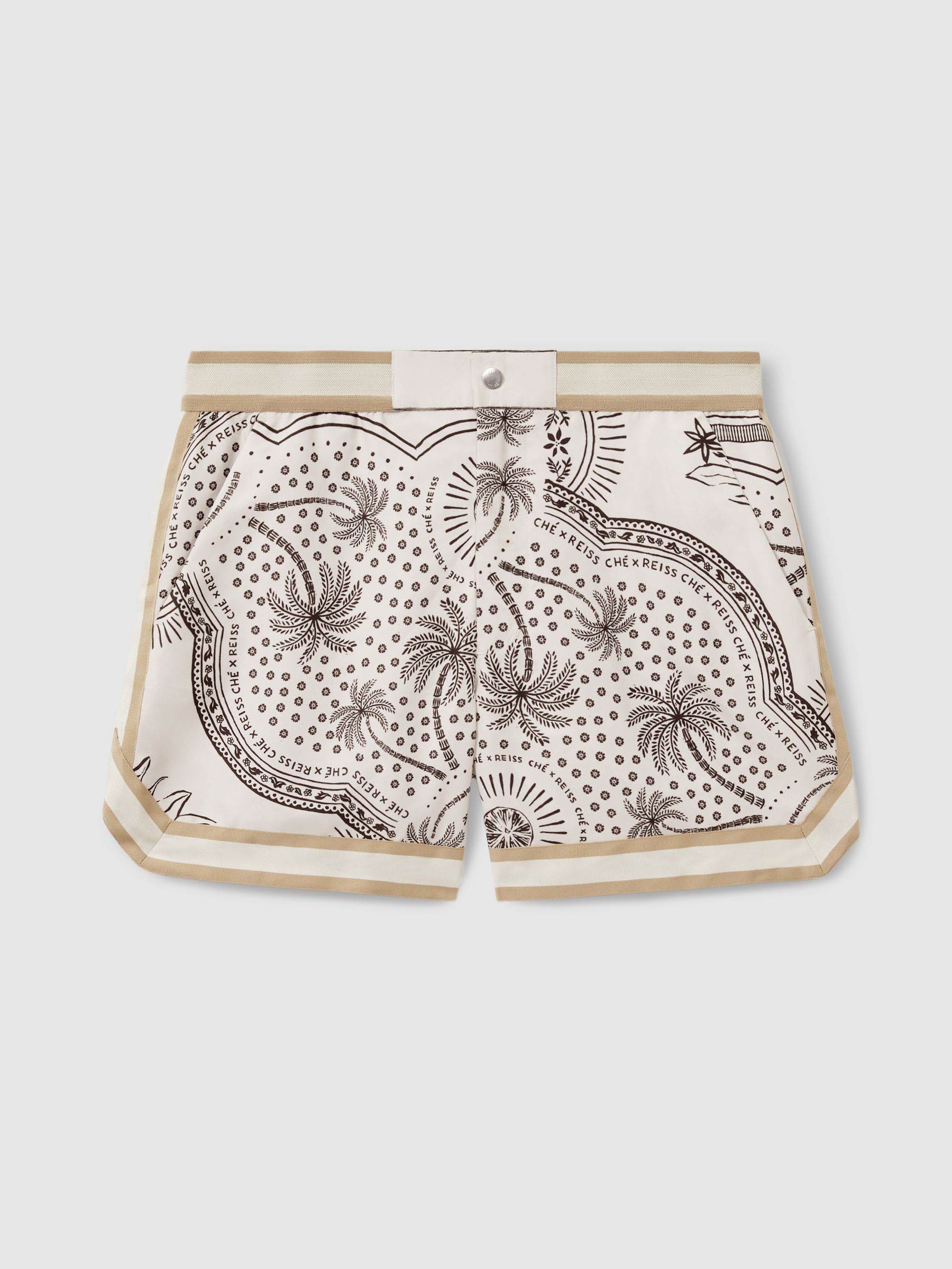 Reiss | Ché Printed Elasticated Waist Swim Shorts in Champagne/Brown - Image 2 of 5