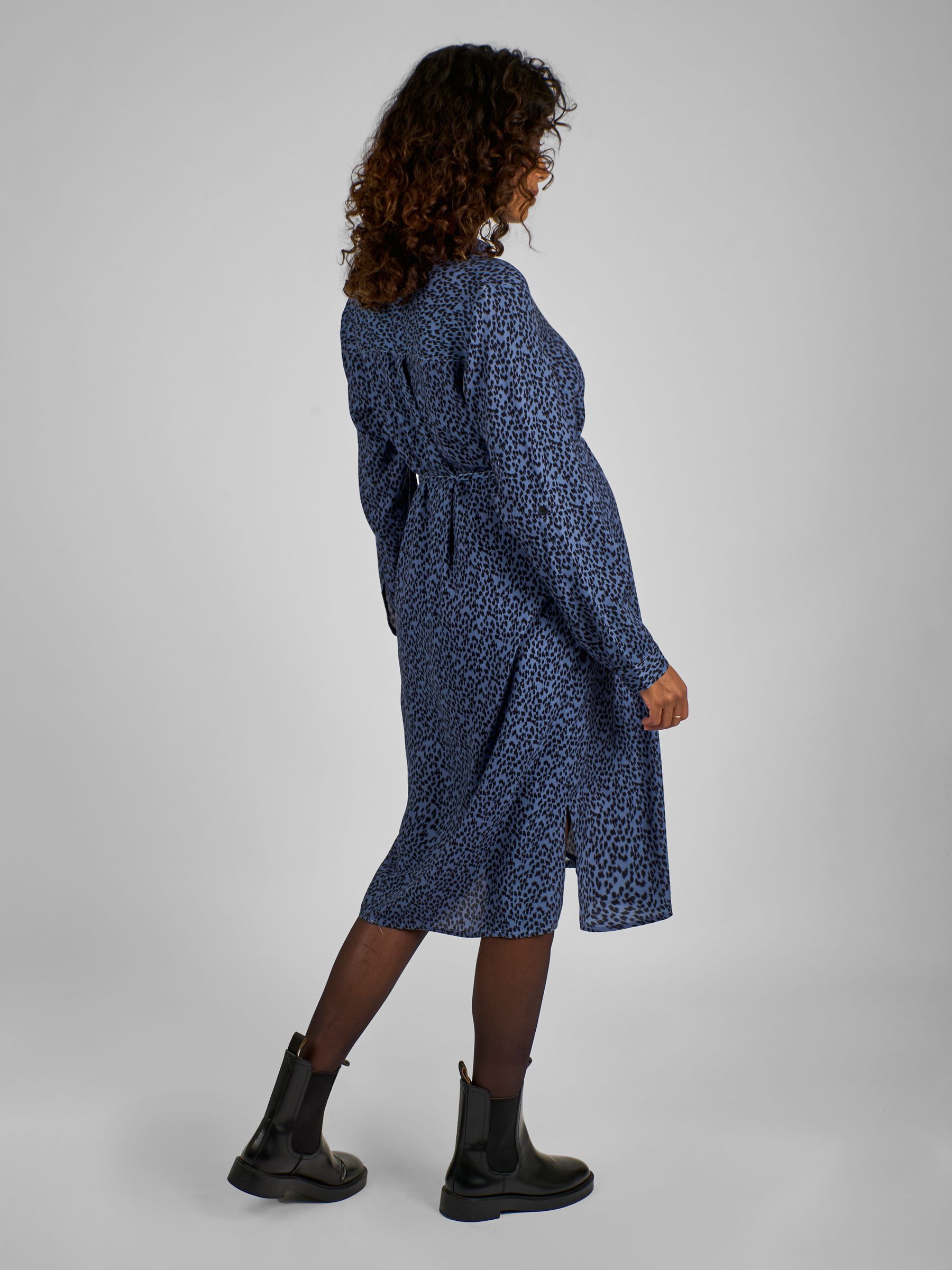 Navy Blue Animal Print Shirt Maternity Dress With Tie - Image 2 of 4