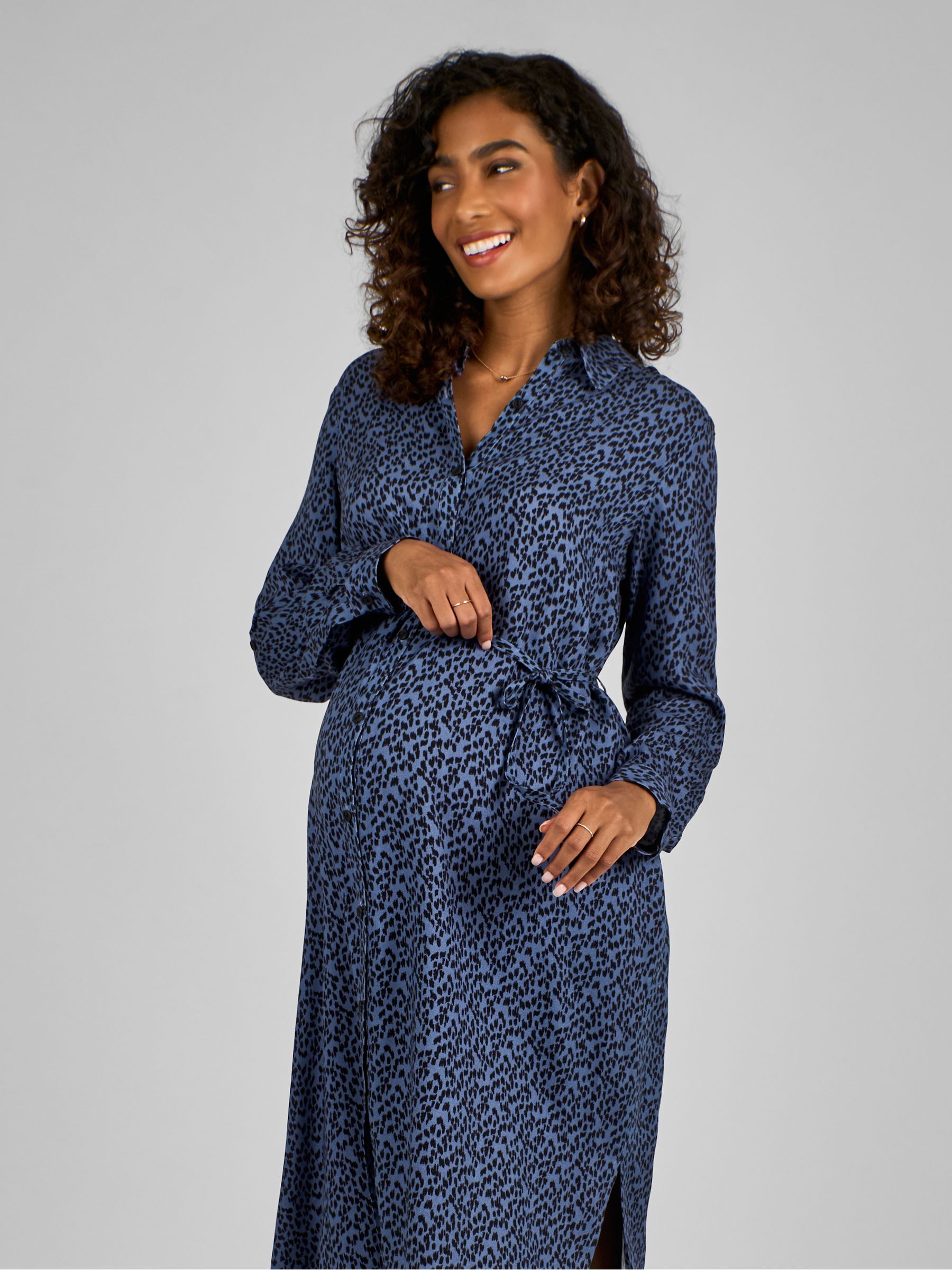 Navy Blue Animal Print Shirt Maternity Dress With Tie - Image 3 of 4