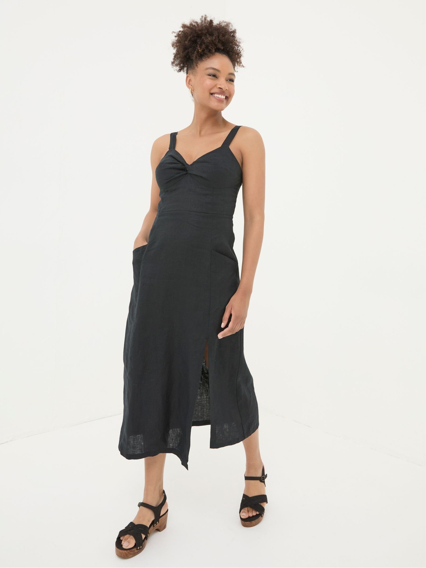 Talia Black Linen Midi Dress - Image 1 of 6