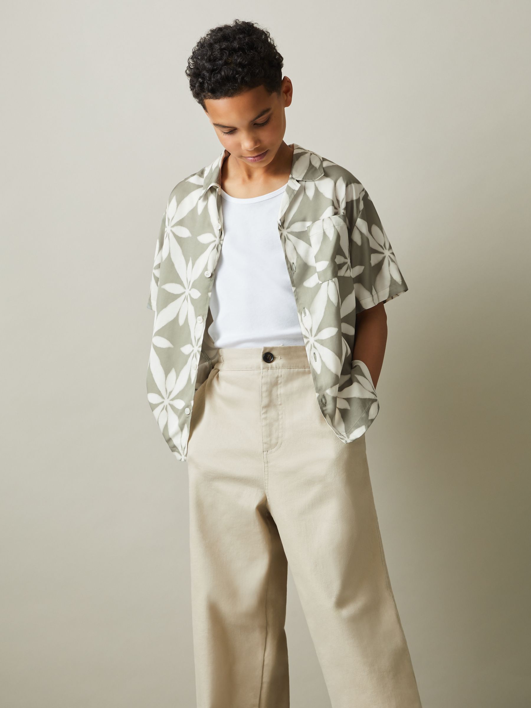 Teen Relaxed Printed Cuban Collar Shirt in Sage Green - Image 2 of 5 Teen Relaxed Printed Cuban Collar Shirt in Sage Green - Image 2 of 5