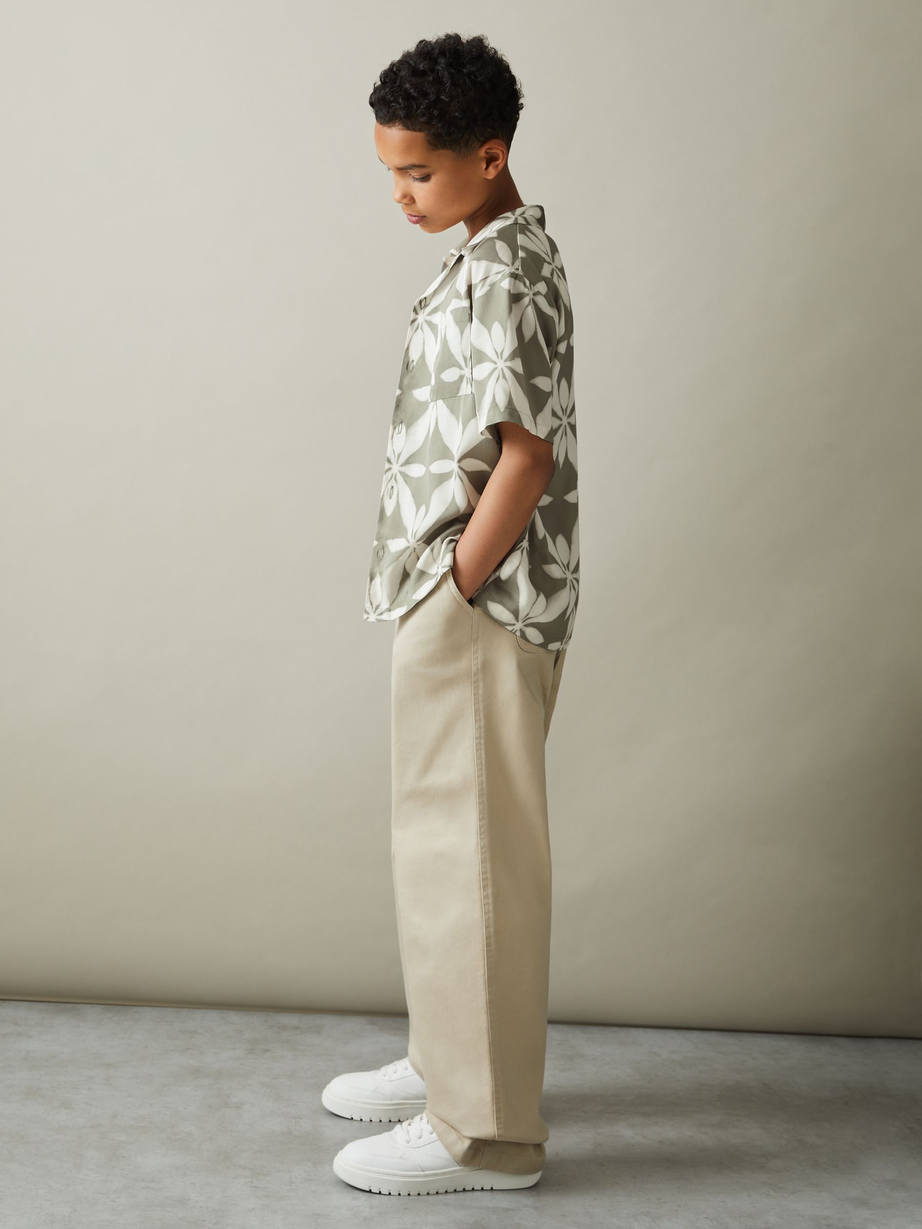 Teen Relaxed Printed Cuban Collar Shirt in Sage Green - Image 3 of 5