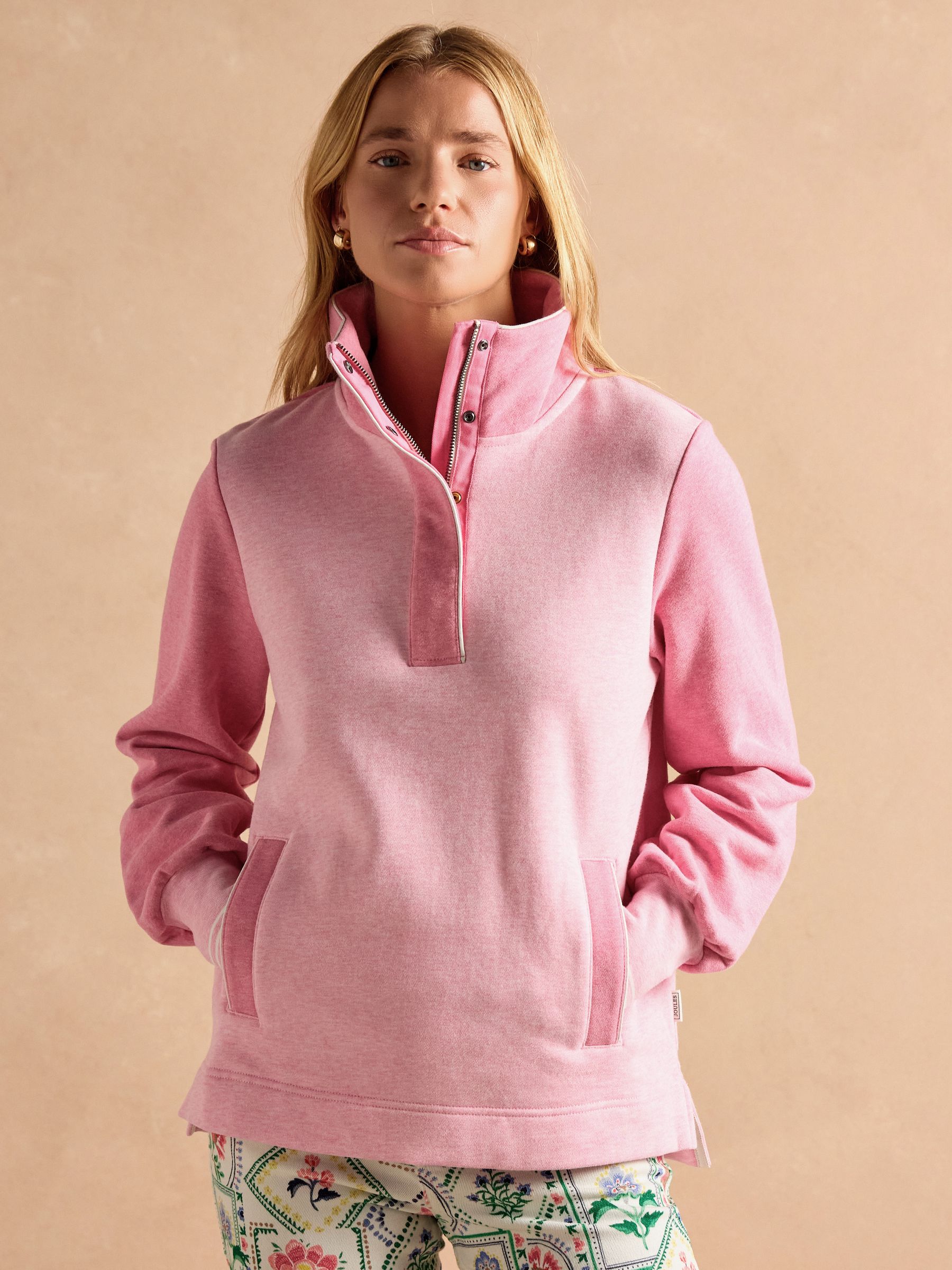 Burnham Pink Cotton Funnel Neck Quarter Zip Sweatshirt - Image 1 of 11